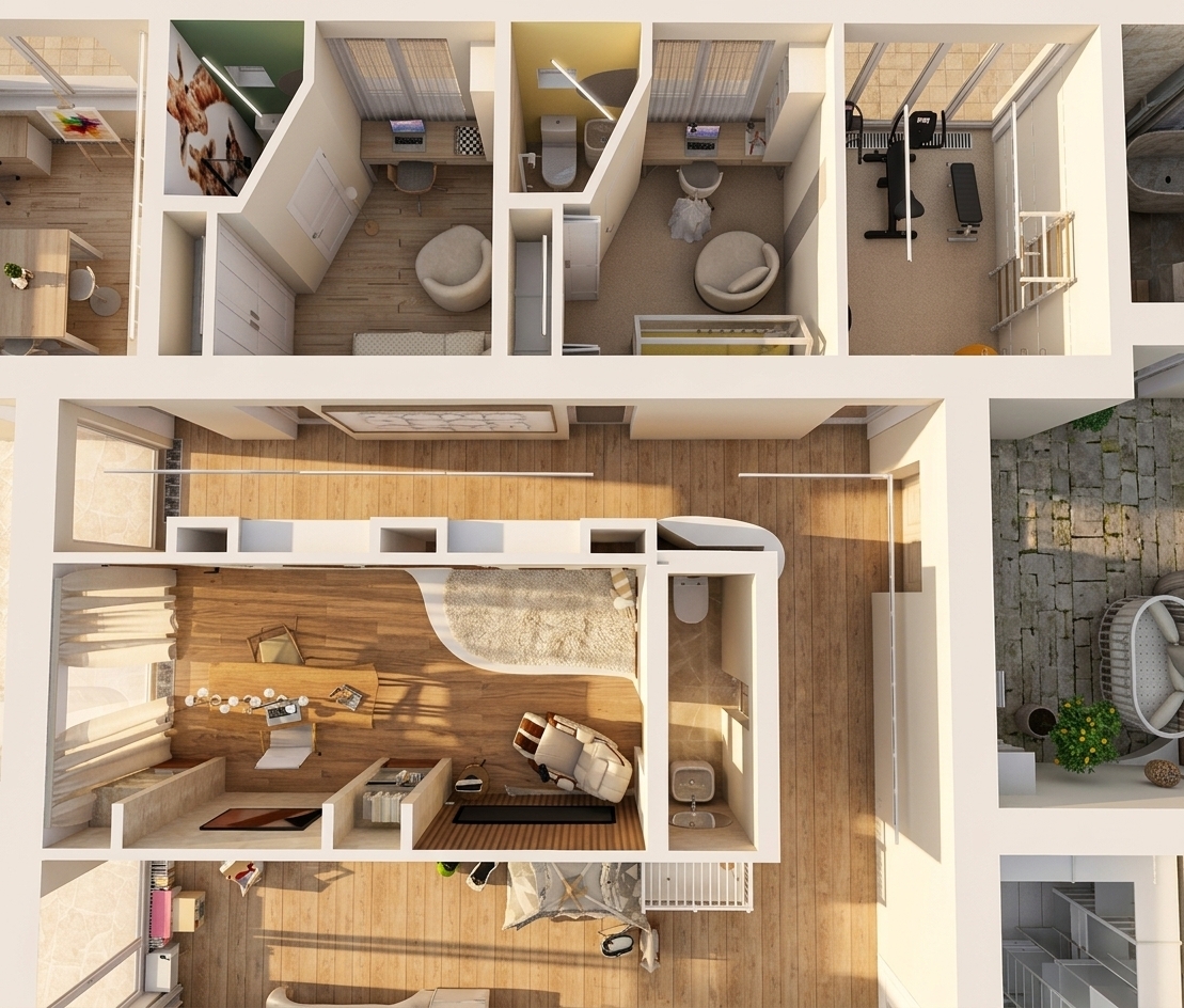 A top-down architectural photograph of the multi-room apartment cutaway, captured in bright, natural midday summer light. Crisp, warm sunlight streams through the windows, casting distinct diagonal shadows and vibrant ambient bounce across the rooms. The interior showcases realistic physical materials, including fine-grained light oak floors, smooth matte white walls, soft fabric upholstery, and reflective ceramic bathroom surfaces. Shot on a high-resolution architectural camera with edge-to-edge sharpness, accurate global illumination, subtle surface micro-textures, and realistic daylight balance.