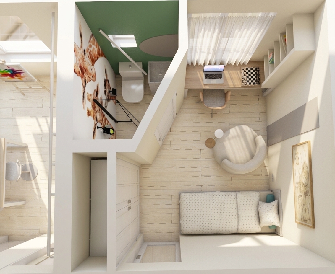 A high-angle top-down architectural photograph capturing the exact room layout under bright midday summer sunlight. Strong, warm natural light filters through the sheer window curtains, casting realistic soft shadows across the pale wooden plank floors, study desk, plush armchair, and neatly made bed. Surfaces display authentic tactile textures, from woven fabric bedding and smooth desk finishes to matte painted walls and glazed bathroom ceramics. The scene is rendered with balanced high-noon exposure, natural ambient bounce light, crisp lens clarity, and authentic photorealistic depth.