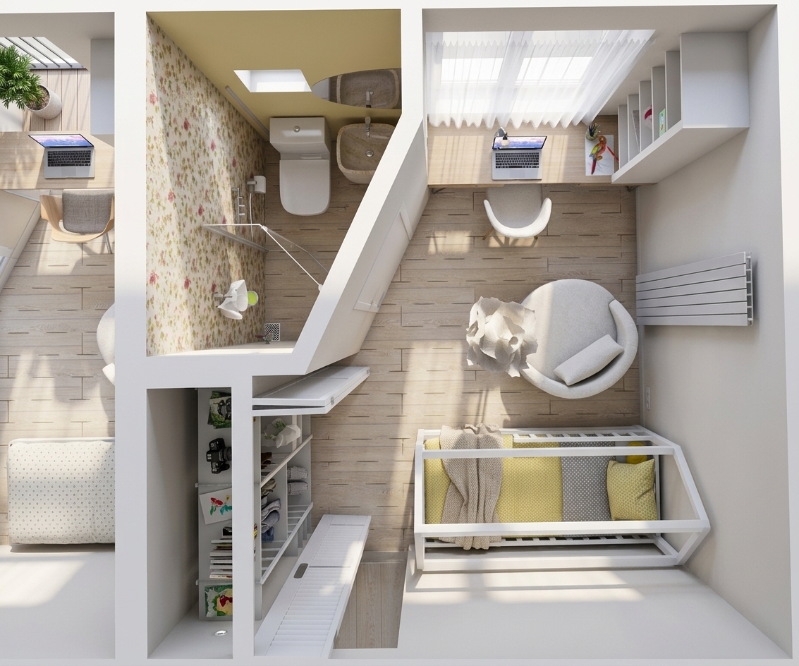 A photorealistic architectural top-down photograph capturing the exact room layout and cutaway geometry in bright, warm summer midday sunlight. Natural daylight diffuses through the upper window, casting soft, realistic shadows across the light wood plank flooring, desk setup, and curved armchair. Physical materials are rendered with tactile accuracy, featuring smooth ceramic bathroom fixtures, subtle floral wallpaper textures, and woven fabric on the yellow bedding. The overhead perspective maintains crisp overall focus, balanced summer exposure, delicate ambient occlusion in corners, and natural photographic depth.