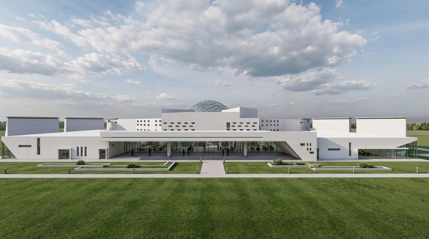 An incredibly lifelike, richly detailed, photorealistic wide-angle exterior architectural shot of a futuristic digital innovation complex set in an expansive, pristine green lawn under an open, cloud-dappled sky. The scene is illuminated by soft, bright natural daylight, creating a tranquil and high-tech minimalist atmosphere. Captured with a professional tilt-shift architectural lens, emphasizing the crisp matte-white paneling, streamlined geometric cutouts, and ultra-smooth surfaces. The symmetrical facade showcases expansive floor-to-ceiling glass curtain walls framed by sleek metal accents, a sheltered ground-level concourse, and a subtle central glass dome rising gracefully above the rear skyline.