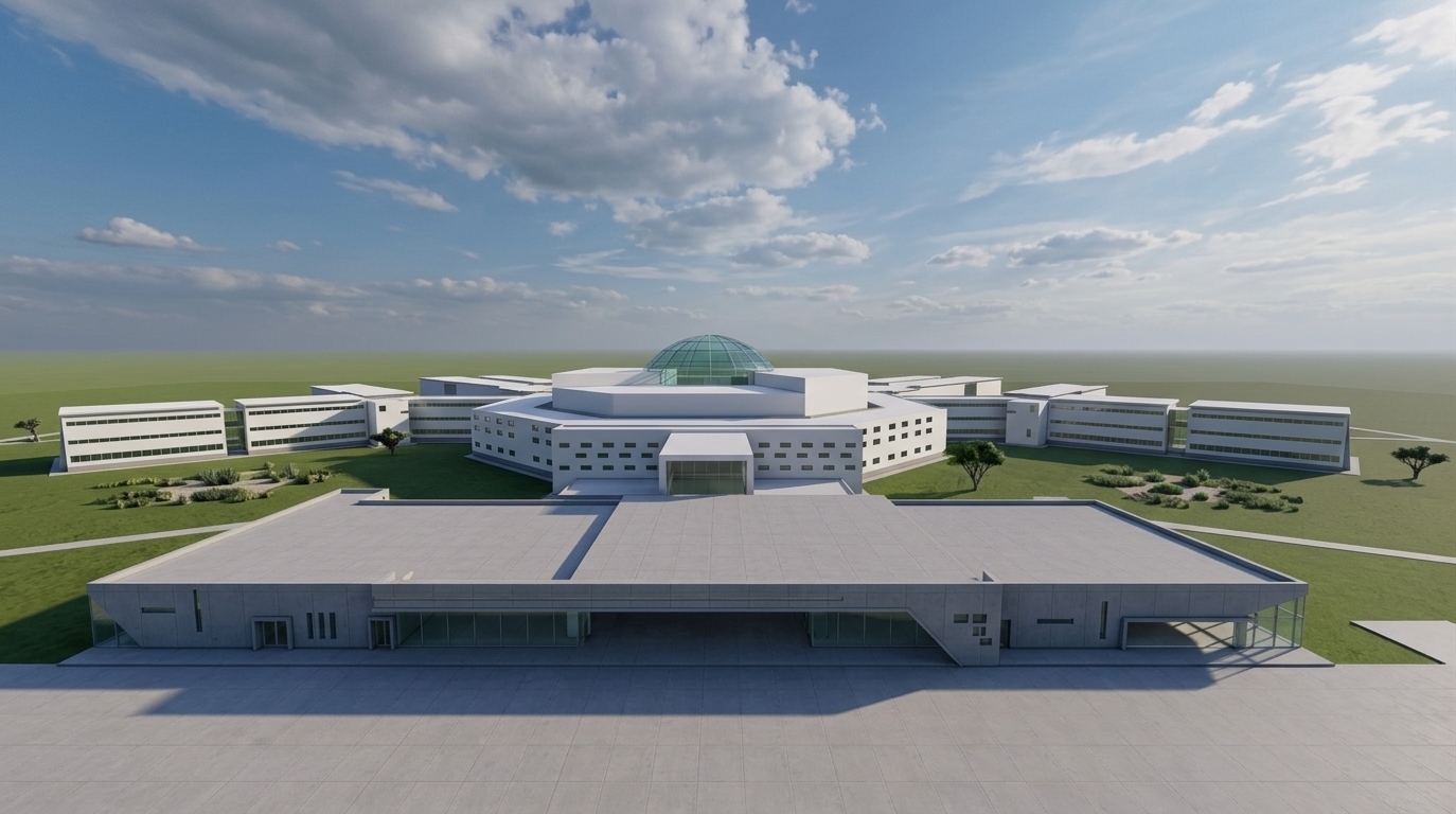 An incredibly lifelike, richly detailed, photorealistic wide-angle architectural exterior view of a futuristic research and high-tech facility complex set in an expansive, serene landscape under a bright, cloud-dappled sky. The scene is illuminated by crisp, natural midday sunlight casting soft, geometric shadows across the grounds, creating an innovative and tranquil atmosphere. Captured with a professional architectural tilt-shift lens, emphasizing the clean-lined concrete panels, expansive flat roofscapes, and crystalline structural glazing. 

In the foreground, a streamlined, minimalist entry pavilion features smooth cool-gray finishes, recessed glass curtain walls, and an open central breezeway. Behind it, the main complex rises in a striking symmetrical, hexagonal configuration with radial wings, crowned at the center by a massive, high-tech tinted-glass atrium dome. The uncluttered, modern layout merges high-end institutional scale with a sleek, digital-zen aesthetic, defined by rhythmic ribbon fenestration, smooth white architectural cladding, and balanced, futuristic proportions.