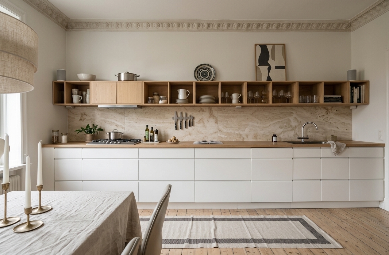 An incredibly lifelike, richly detailed, photorealistic wide eye-level shot of a reimagined Scandinavian kitchen set in an elegant, sunlit apartment. The scene is illuminated by soft, diffused morning daylight streaming from tall side windows, creating a tranquil and serene atmosphere. Captured with a 35mm f/2.8 architectural lens, emphasizing the organic warmth of blonde oak, smooth matte white cabinetry, and the soft sheen of polished travertine surfaces. The kitchen bench is symmetrically framed by sleek, floor-to-ceiling cabinetry on both the left and right, cleanly housing an integrated wall oven and microwave to create a balanced, built-in architectural look. Between these tall towers, the shortened oak countertop remains pristine and functional, while the lower base seamlessly incorporates an under-counter, glass-fronted wine cooler alongside the minimalist white pull-out drawers. Paired with the restored crown molding and overhead natural wood cubby shelving, this balanced composition achieves the ultimate Scandinavian sanctuary blend of understated luxury, smart storage, and Nordic warmth.