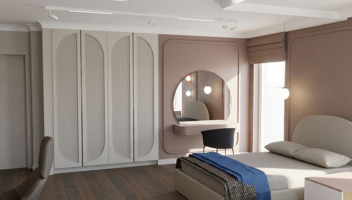 A high-end architectural photograph of the contemporary bedroom under bright midday summer sunlight streaming through the window, casting natural soft highlights and ambient fill across the room. The textures of the ribbed wardrobe panels, matte mauve wall paint, woven upholstery on the bed, tactile blue knit throw, and rich wooden flooring are rendered with crisp physical accuracy and subtle realistic micro-imperfections. Shot on a 35mm interior lens with a balanced depth of field, neutral white balance, gentle daylight falloff, and subtle organic film grain to achieve an authentic, lifelike photograph.