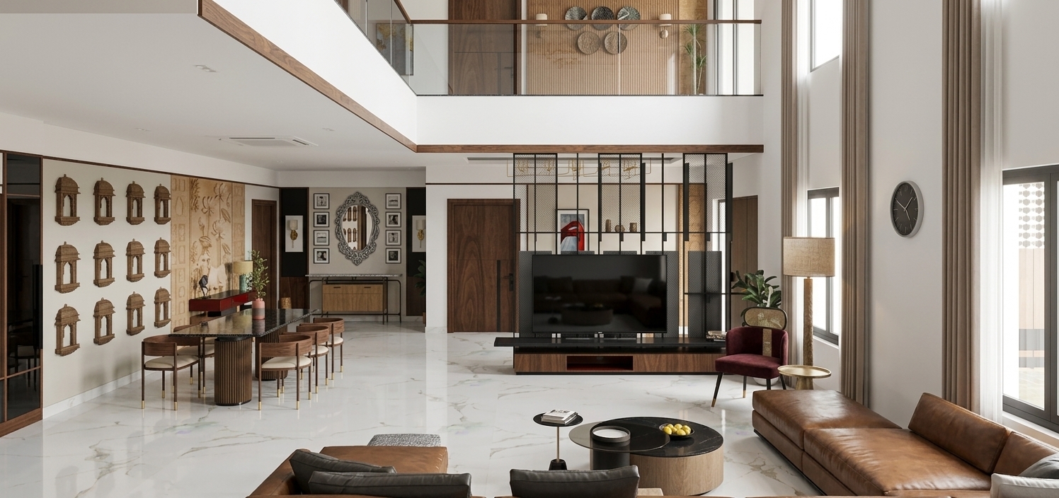A wide-angle architectural photograph of the double-height modern Indian interior, strictly preserving the exact geometry, components, and layout. Soft ambient daylight from the right blends with warm illumination emitting from within the decorative wall jharokhas, wall sconces, and the cream-shaded floor lamp. The white Salvario marble floor displays realistic, soft reflections with faint grey veining. Surfaces feature authentic material physics, including rich supple grain on the brown leather sectional and dining chairs, deep velvet sheen on the burgundy armchair, tactile relief on the beige lotus-and-cow carved panel, matte dark walnut and light wood grains, and accurate reflections across the tinted glass railings and black metal divider. Balanced natural exposure, gentle shadow falloff, and subtle photographic grain create a lifelike, unrendered aesthetic.