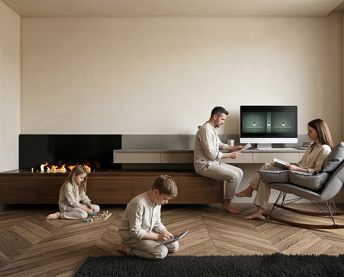 Transform this image into an ultra-realistic architectural photograph while removing all overlay text and logos, strictly preserving 100% of the room's original architecture, composition, perspective, and furniture: the floating desk with desktop monitor, modern fireplace lowboard, dark chevron wood flooring, dark shag rug, and modern rocking armchair. 

Apply a refined Boho Japandi color transformation:
- Walls and ceiling must seamlessly merge into a continuous, warm creamy-beige decorative mineral plaster finish (Jeger Shabby Chic Fluff/Bloom tone) with a powdery matte texture and no color contrast between them.
- Cabinet fronts should feature a matching ultra-matte lacquer finish in a warm sand tone, roughly 5–10% darker than the walls.
- All materials (wood grain, metal finishes, glass, fireplace flames, rug fibers) must have physically accurate textures, reflections, and natural daylight illumination.

Naturally integrate a realistic family of four (mother ~35, father ~42, son ~12, daughter ~10) dressed in minimalist neutral linen clothing:
- The family must authentically inhabit the space (e.g., father casually at the desk, mother near the seating or fireplace, children naturally engaged in a quiet everyday activity) without looking at the camera or posing unnaturally.
- Family members should occupy only 10–15% of visual focus, maintaining the architecture and interior design as the primary subject.

Render in professional architectural magazine photography style with full-frame camera clarity, balanced natural lighting, and refined realism.