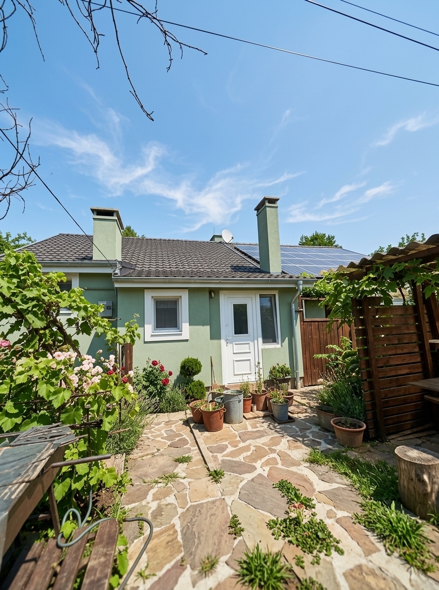 An incredibly lifelike, richly detailed, photorealistic wide-angle architectural shot of a renovated modern-fusion single-story cottage set in a vibrant, lushly landscaped summer garden. The scene is illuminated by bright, clear midday summer sunlight casting crisp, soft-edged shadows, creating a welcoming and serene atmosphere. Captured with a professional 24mm tilt-shift lens, emphasizing the crisp sage-green stucco facade, dark-tiled pitched roof with twin modern chimneys, and rich botanical textures. 

A newly laid natural flagstone pathway meanders gracefully toward the bright white front entrance, bordered by meticulously maintained flowerbeds overflowing with blooming pastel and deep-red rose bushes, ornamental grasses, and sculpted shrubs. To the side, a contemporary dark-wood pergola is laced with verdant climbing vines, seamlessly blending polished landscape design with rich, organic greenery and enhancing the cottage's inviting exterior charm.
