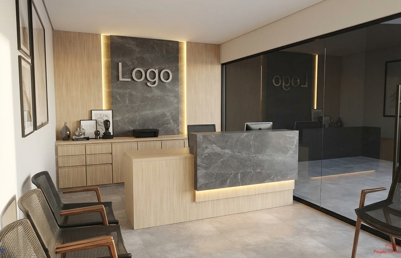 A bright, naturally lit modern reception area captured in a clean architectural photograph, preserving the exact geometry and layout. The scene features light raw wood cabinetry and reception desk paired with gray marbled porcelain panels on the focal wall and desk front. Warm yellow LED backlighting casts a soft glow along the vertical edges of the accent wall and under the reception counter. Natural daylight evenly illuminates the space, casting gentle shadows across the matte floor tiles, with realistic surface reflections, distinct wood grain micro-textures, crisp 3D logo lettering, and detailed chair upholstery rendered with balanced exposure and clean depth of field.