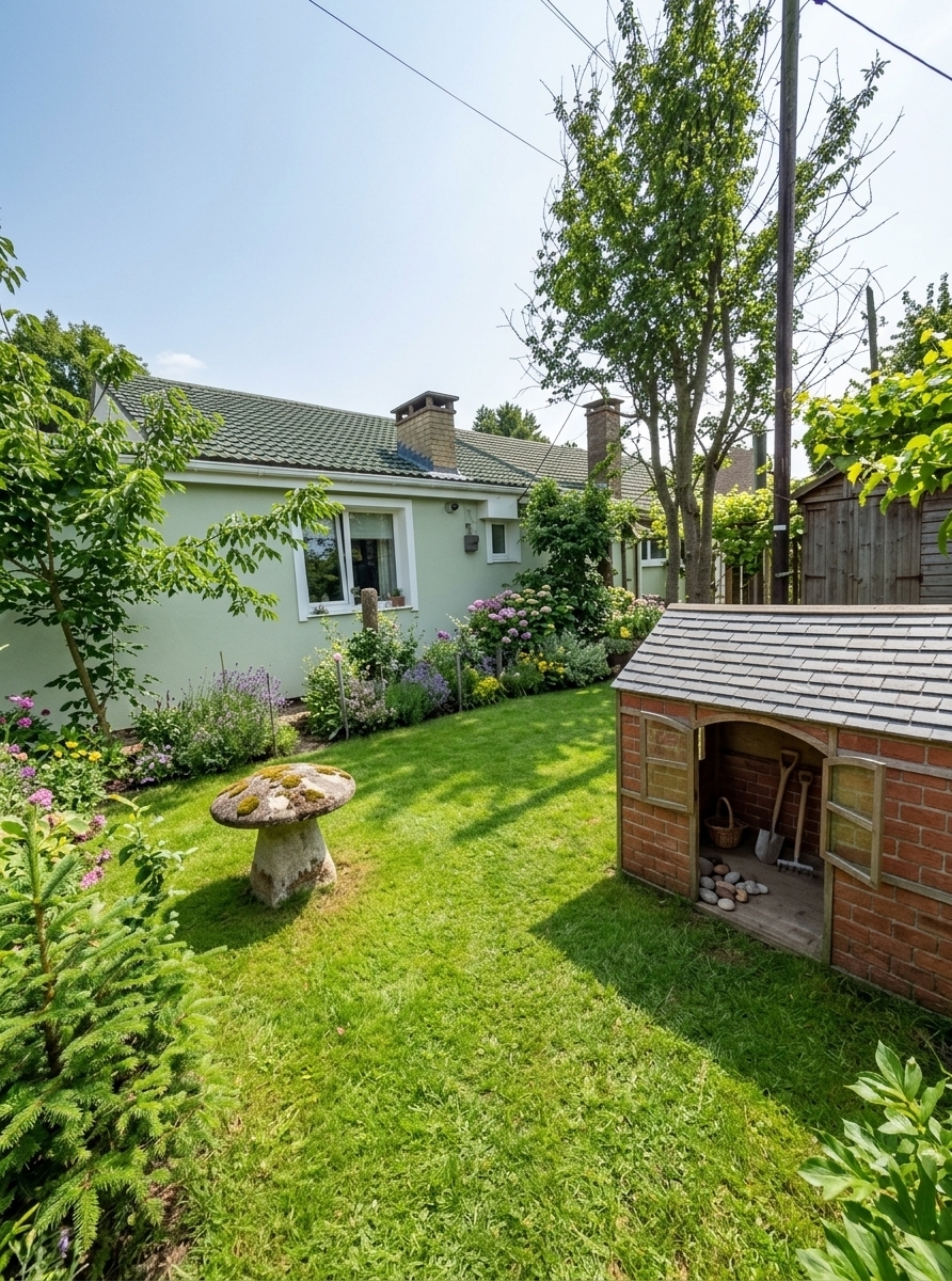 An incredibly lifelike, richly detailed, photorealistic wide-angle architectural photo of a modern fusion outdoor garden set in a tranquil residential backyard during midsummer. The scene is illuminated by crisp, bright midday sunlight casting delicate shadows, creating a fresh, serene, and inviting atmosphere. Captured with a professional 24mm architectural wide-angle lens, emphasizing the lush, manicured green lawn, vibrant blooming flower beds, decorative miniature evergreen fir trees, and rich green leafy canopies framing the scene. In the background, the single-story home stands out with its smooth light-green exterior walls, crisp window moldings, and clean dark green tiled roof with structured chimneys, seamlessly marrying contemporary landscape design with charming suburban comfort.