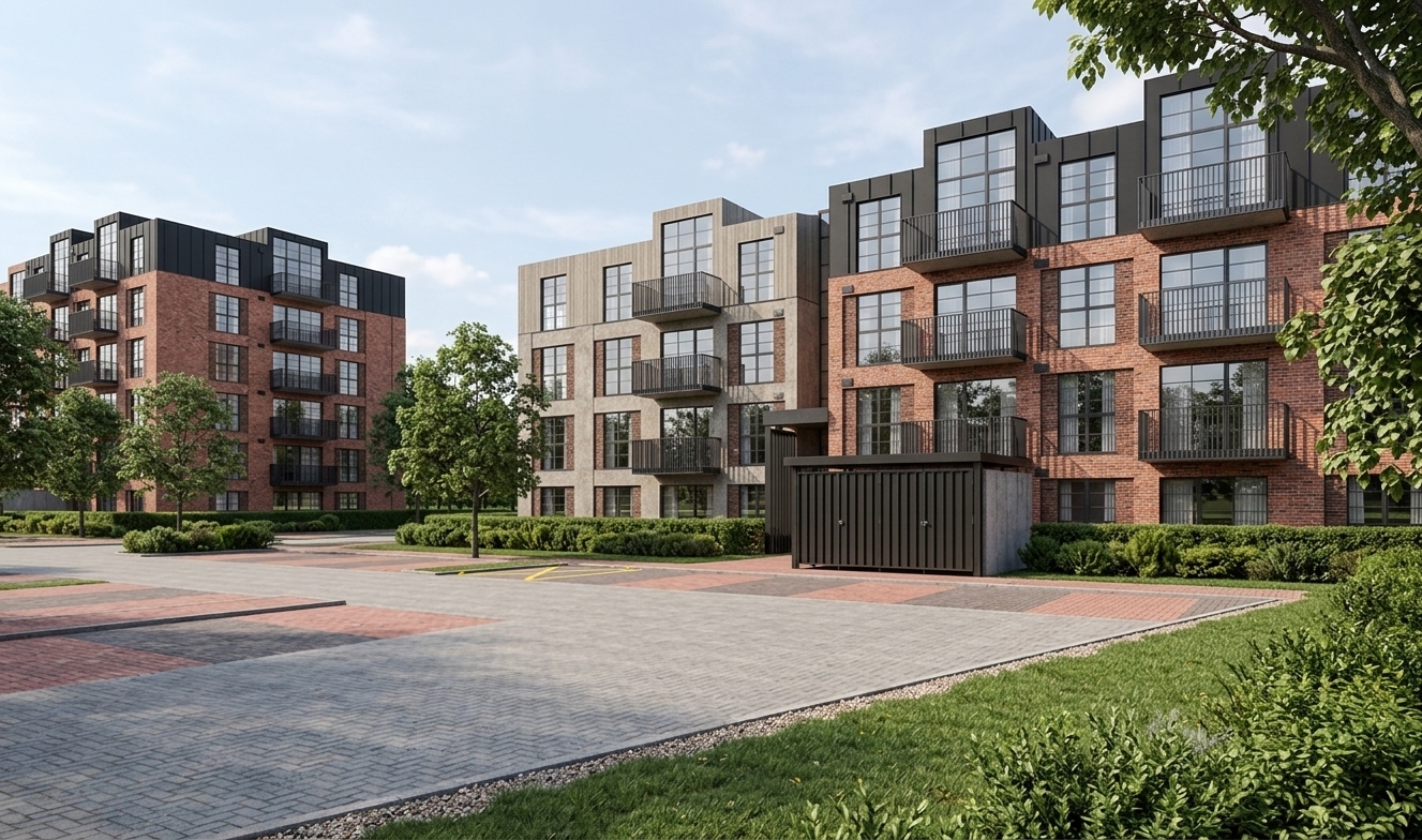 A crisp architectural photograph of modern residential apartment buildings featuring richly textured red and orange brick facades, matte black metal top-floor cladding, and dark-framed windows reflecting soft daylight. Warm ambient lights softly glow from within select apartments, complemented by potted balcony greenery and lifelike textural details on the facades. The foreground parking area and landscaped hedges display realistic asphalt, concrete pavers, and lush natural foliage. Bathed in bright daytime sunlight that casts clean, gentle shadows, the scene is captured with a sharp wide-angle lens, true-to-life material textures, balanced exposure, and clear atmospheric depth.