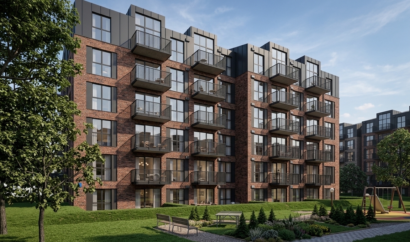 A sharp daylight architectural photograph capturing the modern six-story apartment building precisely matching the scene's geometry and framing. The facade features rich, tactile red and orange-brown brick masonry paired with dark metal top-floor cladding and black steel balcony railings. Large glass windows display realistic sky reflections alongside warm, soft interior lighting visible in select apartments. Balconies are naturally detailed with vibrant potted flowers and subtle resident silhouettes. The foreground courtyard is rendered with realistic lush grass, detailed evergreen pines, wooden benches, and textured playground surfaces, all illuminated by crisp daytime sunlight casting natural, soft-edged shadows. Captured on a professional architectural tilt-shift lens with pristine focus, high dynamic range, and authentic surface textures.