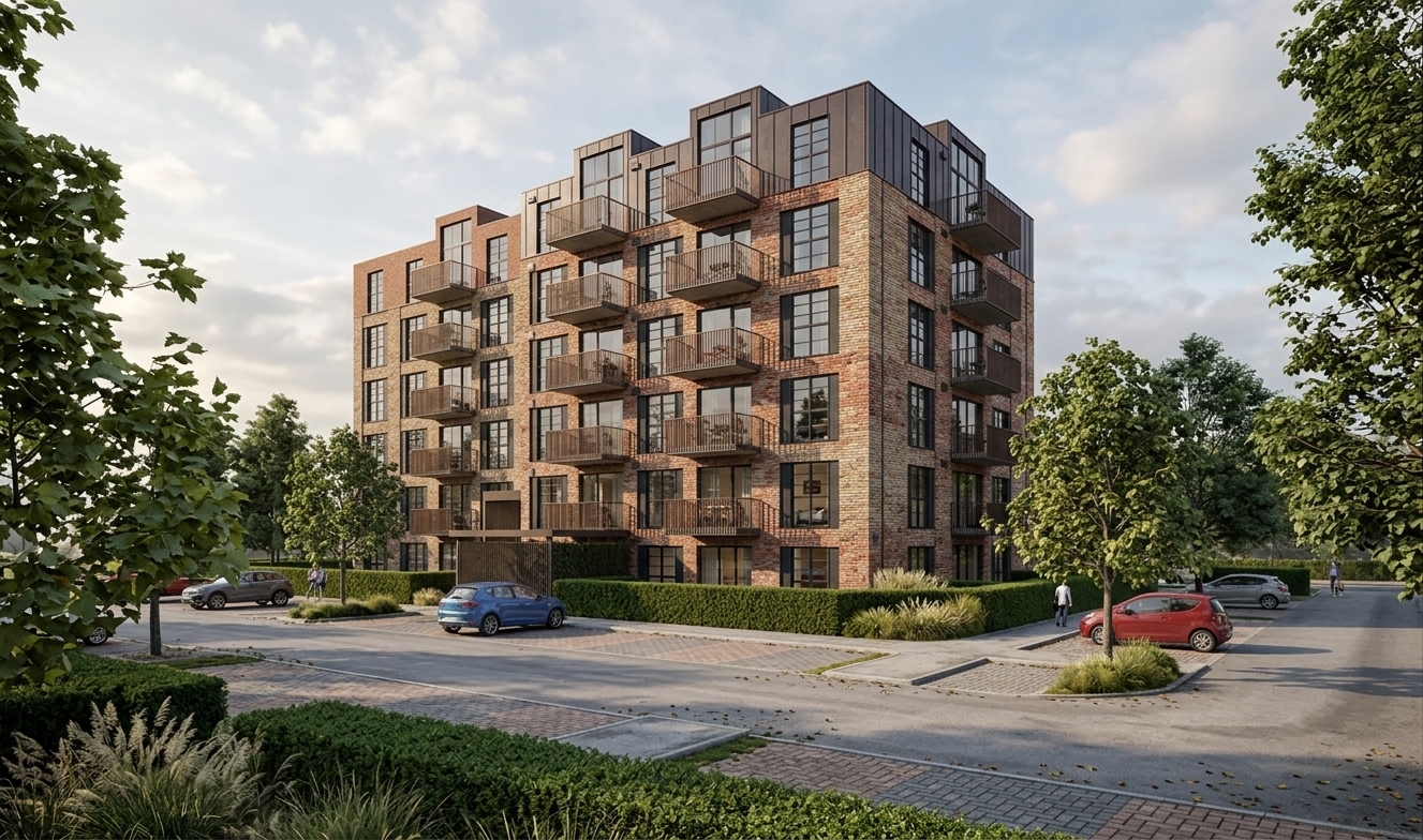 A crisp architectural photograph of the modern six-story apartment building captured in natural daylight, preserving the exact camera perspective and structural geometry. The building facade features richly textured red and orange brickwork paired with matte dark metal cladding, sleek black window frames, and reflective glass with warm interior lighting visible in select units. Balconies are naturally detailed with small potted flowers and subtle residents, while the ground level incorporates realistically rendered paved parking bays with cars, distant pedestrians, and lush, detailed green trees and hedges under a soft natural sky. The scene is rendered with architectural tilt-shift clarity, balanced natural daylight shadows, lifelike material textures, and subtle photographic imperfections.