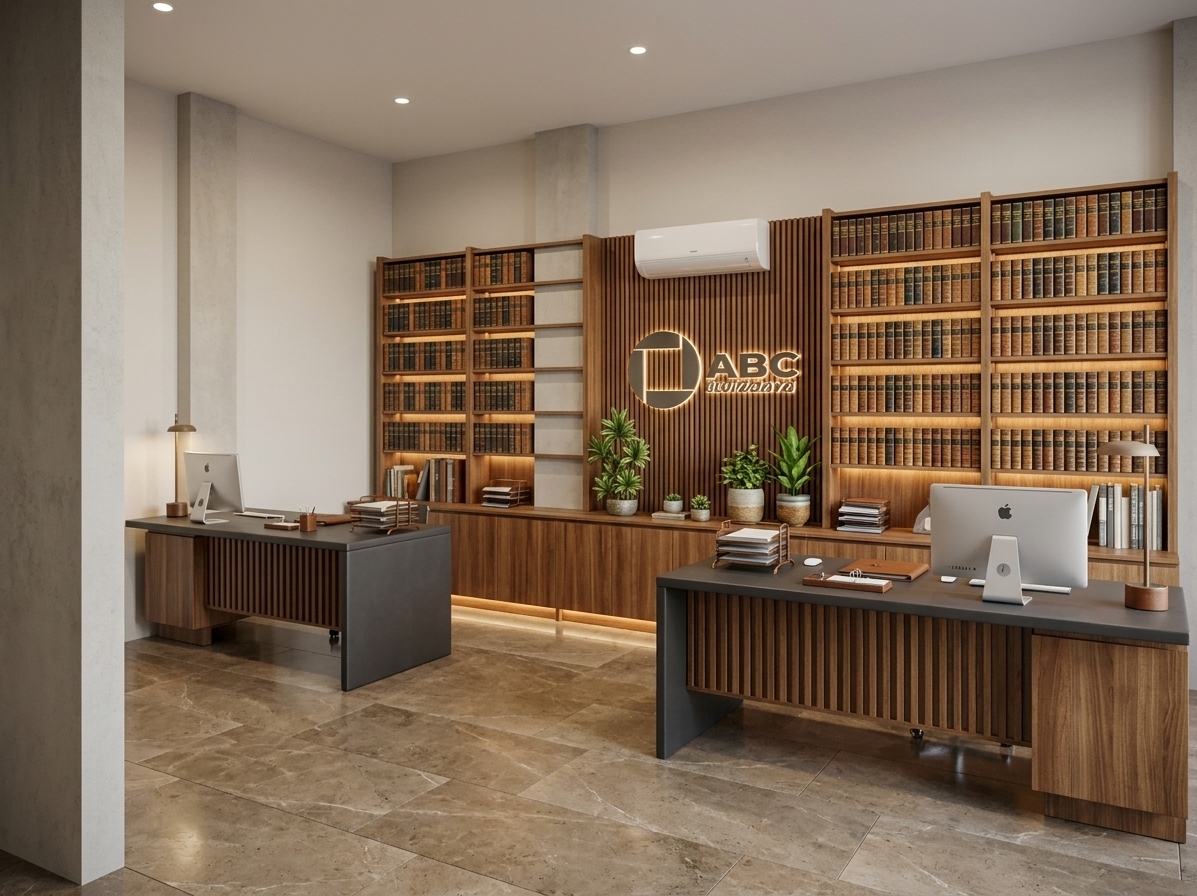 An incredibly lifelike, richly detailed, photorealistic wide-angle interior shot of a refined corporate workspace set in an upscale, cultured office suite. The scene is illuminated by gentle ambient overhead light and warm integrated LED backlighting along the custom cabinetry, creating a warm, distinguished, and focused atmosphere. Captured with a full-frame architectural lens, emphasizing the rich grain of warm vertical wood slats, tactile leather-bound reference volumes, and smooth charcoal desk surfaces. 

Two bespoke executive workstations feature fluted wood modesty panels, minimalist silver monitors, and sleek desktop accessories, perfectly poised on large-format earth-toned floor tiles. Spanning the rear wall, extensive tailored shelving combines extensive rows of classic bound volumes with low-profile credenzas, lively indoor potted plants, and an illuminated central branded feature wall, balancing timeless scholarly authority with modern professional elegance.