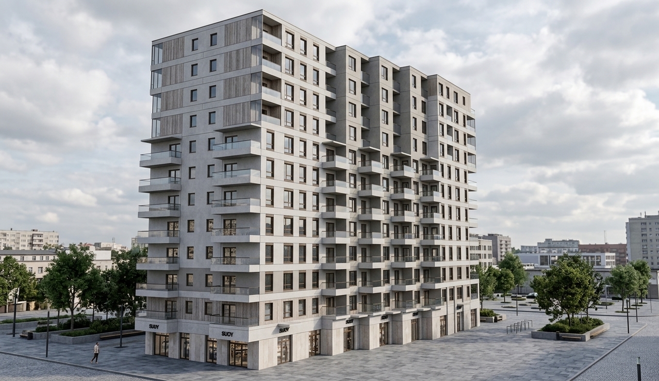 A photorealistic architectural photograph capturing the modern multi-story residential building with its exact geometric structure, proportions, and perspective intact. The facade is finished in matte, light-toned plaster panels paired with vertically fluted architectural wall panels, accented by realistic glass-railing balconies and crisp window frames with natural sky reflections. The blank surrounding ground is replaced with a landscaped residential neighborhood featuring paved walking paths, manicured green lawns, and mature trees bathed in soft, natural daylight. Shot on a tilt-shift architectural lens under bright, slightly overcast afternoon sunlight, highlighting realistic material textures, subtle contact shadows, crisp glass translucency, and mild photographic film grain.