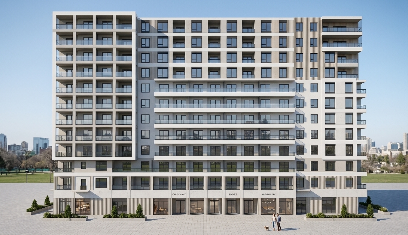 A photorealistic architectural photograph capturing the exact multi-story residential building and ground perspective under crisp, natural daylight. The facade features realistic smooth light-colored plaster, pale architectural concrete panels, and vertically fluted composite siding with subtle surface relief and tactile micro-textures. Balcony glass balustrades exhibit authentic reflections, subtle tinting, and metallic railing frames, while dark window frames hold realistic interior glimpses and glass reflections. The ground plane integrates seamlessly into an estate environment with realistic paved walking paths, manicured green lawns, and planted landscaping flanking the structure without altering the geometry or camera angle. Natural sun casting defined soft-edged shadows across the facade creates dynamic depth, complemented by neutral color temperature, balanced contrast, fine lens sharpness, and faint optical falloff.