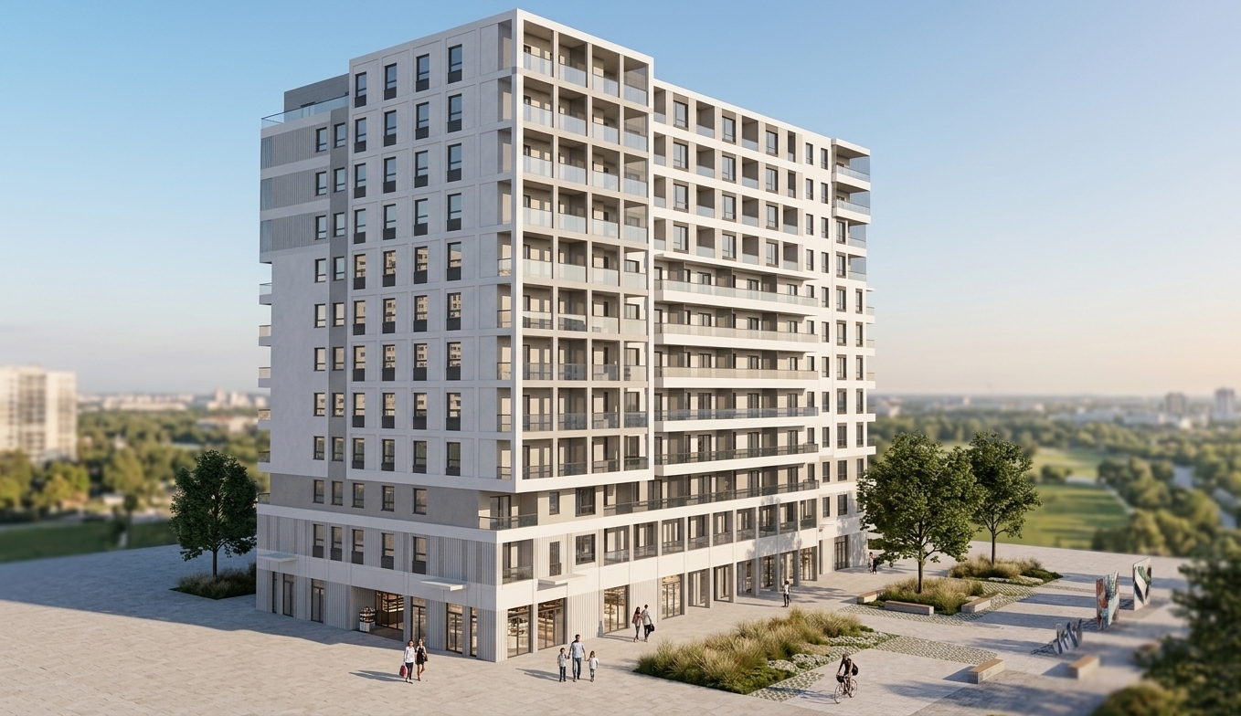 An architectural photograph of the multi-story residential building captured from an elevated perspective in bright, clear daylight. The facade features smooth matte white and light gray cladding balanced with vertically grooved white panels, transparent glass balcony railings, and reflective ground-level retail glazing. The surrounding environment integrates lush green lawns, landscaping, and paved pedestrian paths. Natural afternoon sunlight creates realistic soft-edged shadows, authentic material micro-textures, subtle environmental reflections on the glass, and clean, high-resolution photographic clarity.