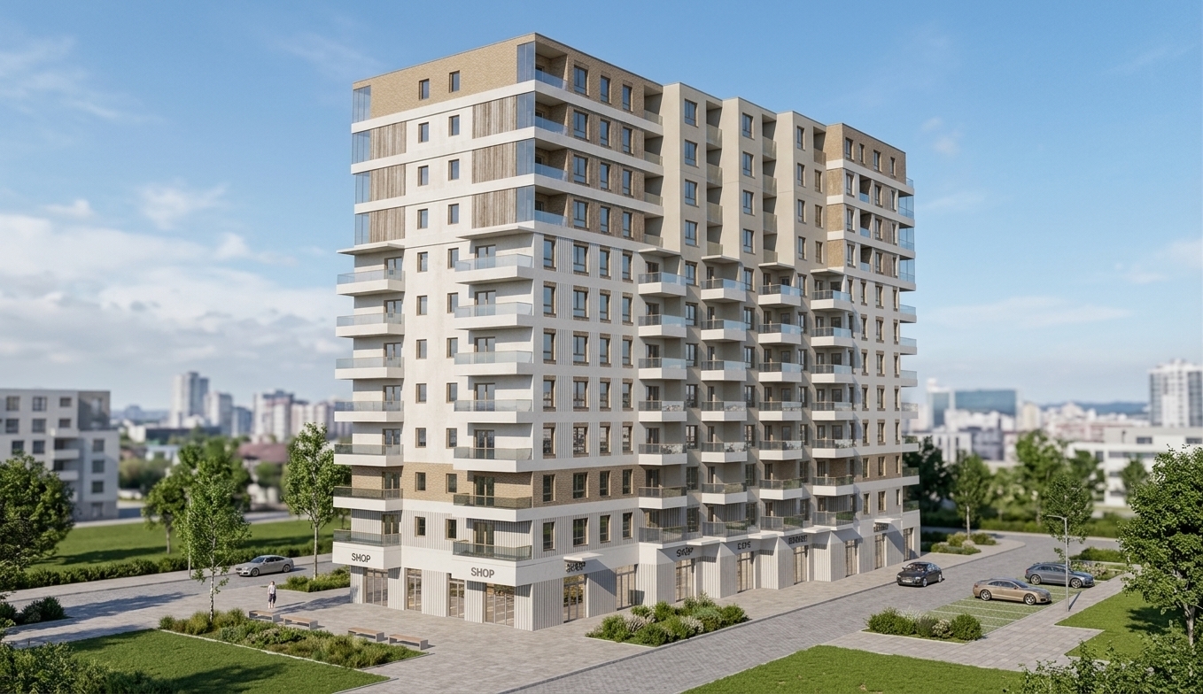 A sharp architectural photograph of the multi-story residential building under bright, natural daytime sunlight, perfectly preserving the exact geometry, perspective, and composition. The facade features large planes of smooth off-white plaster, light natural wood window joinery, and finely textured fluted vertical panels. Balconies and ground-floor shopfronts are fitted with realistic glass showing subtle sky reflections. The surroundings are enriched with a lush residential landscape featuring soft green lawns, low shrubbery, and paved walking paths, while realistic cast shadows, crisp architectural tilt-shift lens clarity, and authentic surface micro-textures complete the photograph.