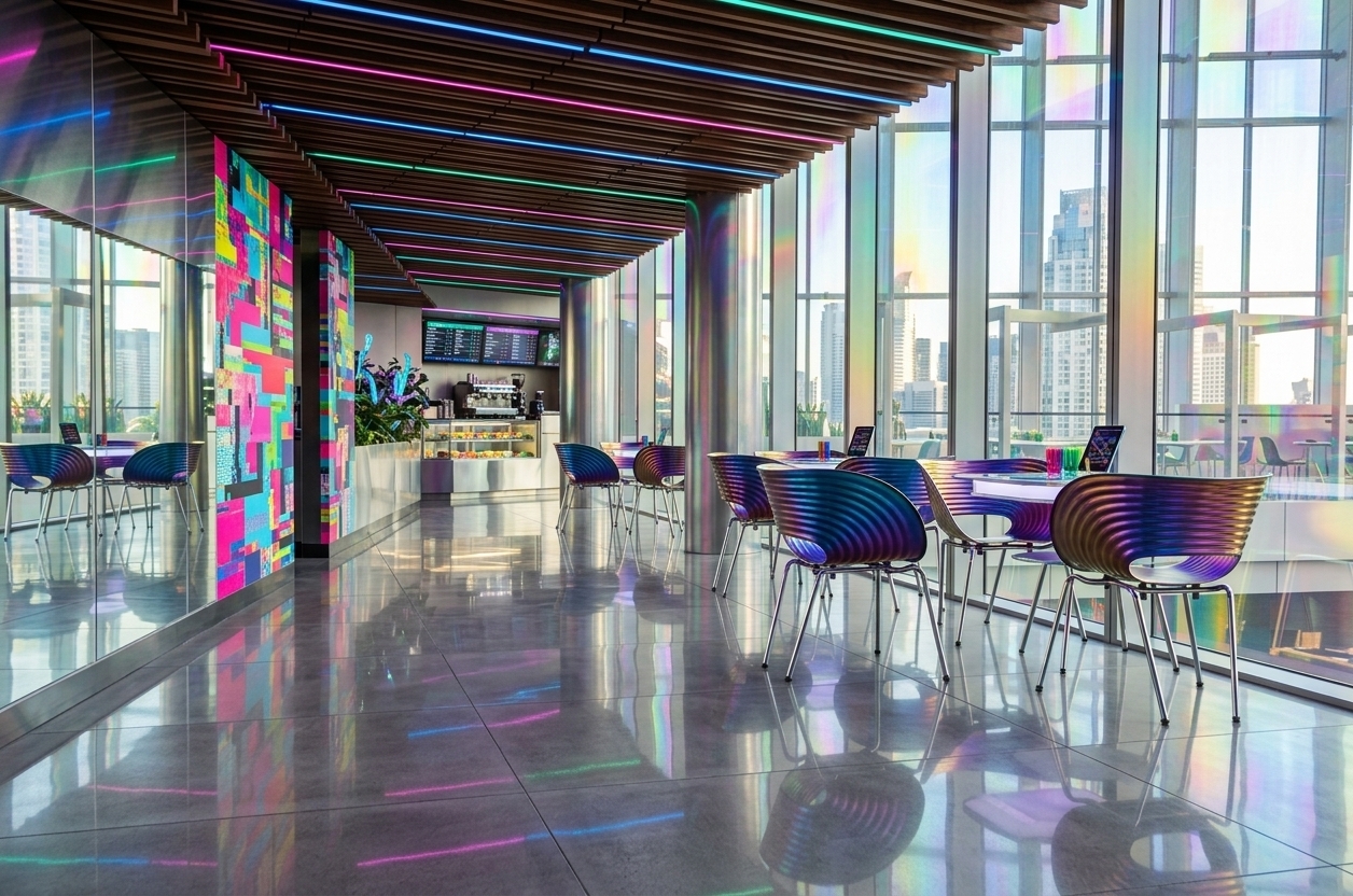 An incredibly lifelike, richly detailed, photorealistic wide-angle interior shot of a reimagined futuristic techno wonderland dining and lounge hall set in a sprawling modern skyscraper. The scene is illuminated by ambient daylight refracted through prismatic window films and pulsating neon strips nestled between the ceiling slats, creating a vibrant, playful, and surreal atmosphere. Captured with a professional full-frame camera and a 24mm tilt-shift lens, emphasizing the high-gloss reflections on the polished floor, sleek metallic finishes, and hyper-vivid glitch art wall murals. Modular dining tables and ergonomic chairs crafted from iridescent chrome and translucent neon acrylic populate the expansive sunlit corridor. Eclectic digital decor, open photography art books resting on floating illuminated pedestals, and futuristic indoor plants potted in polished aluminum planters seamlessly merge cutting-edge technology with high-concept contemporary dining design.