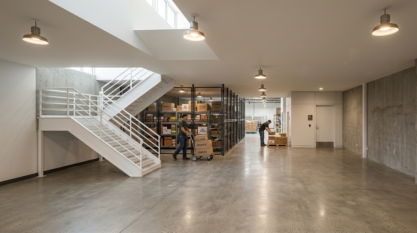 An incredibly lifelike, richly detailed, photorealistic wide-angle interior shot of a grocery storage and distribution loft set in a contemporary industrial exhibition space. The scene is illuminated by bright, natural summer midday sunlight filtering from high above, balanced by warm industrial overhead pendant fixtures, creating a vibrant, productive, and airy atmosphere. Captured with a full-frame architectural camera and a 24mm tilt-shift lens, emphasizing the matte polished concrete floors, the crisp white powder-coated metal switchback staircase with solid safety balustrades on the left, and the heavy-duty black steel mesh security cages and metal grilles lining the back perimeter. Throughout the expansive hall, active warehouse staff in utility workwear are seen transporting and stacking corrugated grocery boxes onto wooden pallets and rolling heavy hand trucks, while rich material reflections, realistic atmospheric dust motes in sunbeams, and precise geometric shadows deliver exceptional depth and practical urban utility to this industrial loft interior.