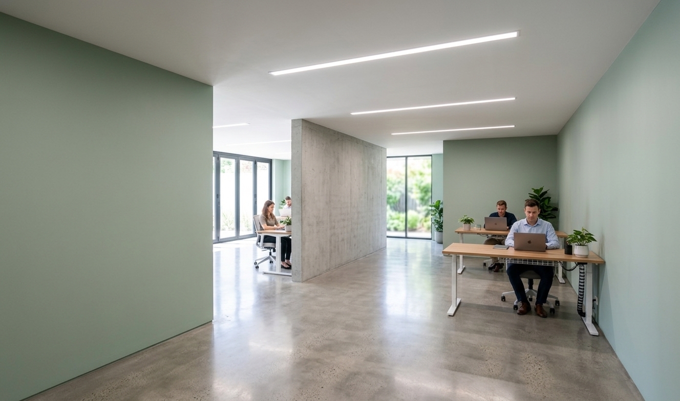 An incredibly lifelike, richly detailed, photorealistic wide-angle interior photograph of a modern open-plan office space set in a tranquil, minimalist haven. The scene is illuminated by bright, diffused midday spring sunlight pouring through floor-to-ceiling polarized glass folding screens and complemented by sleek, recessed linear ceiling luminaires, creating a bright, invigorating, and serene atmosphere. Captured with a full-frame camera and a 24mm architectural tilt-shift lens, emphasizing the velvety matte texture of the pastel-painted partition walls, the subtle raw grain of exposed reinforced concrete columns, and the polished concrete flooring beneath. Seamlessly integrated into the space, well-distributed ergonomic timber desks host focused professionals working on slim laptops, surrounded by clean architectural lines, subtle indoor greenery, and balanced natural shadows that accentuate the expansive, airy depth of the layout.