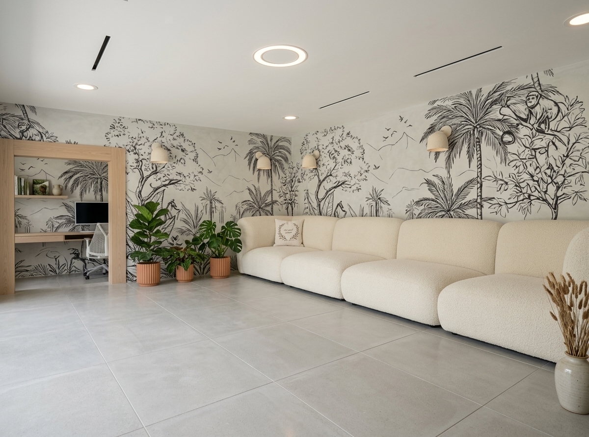 An incredibly lifelike, richly detailed, photorealistic wide-angle interior shot of a serene Scandinavian gaming sanctuary set in a bright, modern residential retreat. The scene is illuminated by soft, natural midday spring light cascading through large, black-framed floor-to-ceiling windows and accented by warm, diffused architectural backlighting, creating a tranquil, airy, and hygge-inspired atmosphere. Captured with a full-frame mirrorless camera paired with a 24mm f/2.8 wide-angle lens, emphasizing tactile plush textiles, fine wood grain, and smooth matte surfaces. The reimagined space evolves the original low-profile seating area into a refined aesthetic haven, featuring the expansive, curved modular sofa upholstered in a creamy off-white bouclé, accented with muted sage and heather gray linen cushions. The busy wallpaper is replaced with tranquil, soft-white lime-washed walls, framed minimalist nature-inspired botanical wall art, and slim floating ash wood shelves displaying curated photography books and ceramic vessels. Seamlessly integrated on one side, a minimalist gaming setup combines a sleek light-oak and matte black metal desk with an ultra-clean, cable-free monitor setup and ergonomic mesh seating. Replacing the patterned carpet, wide-plank pale Scandinavian oak flooring is softened by a plush, hand-tufted wool area rug, while a potted fiddle-leaf fig in a fluted terracotta planter introduces subtle greenery, balancing cutting-edge leisure with organic Nordic minimalism overlooking lush spring foliage outside.