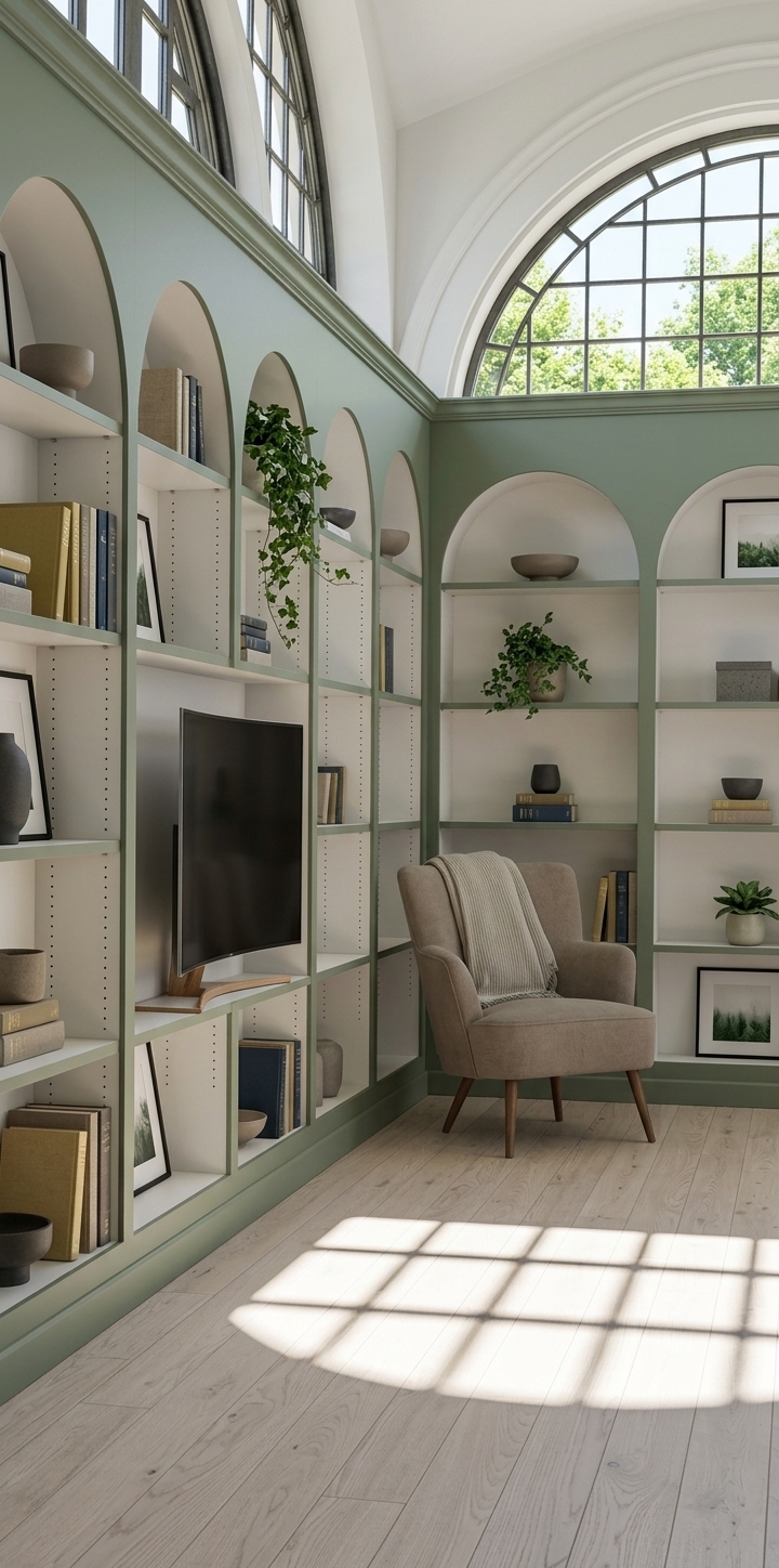 An incredibly lifelike, richly detailed, photorealistic wide-angle interior shot of a Scandinavian sanctuary reimagined as a serene gaming room and reading haven set in a grand, sunlit architectural loft. The scene is illuminated by radiant midday spring sunlight streaming through towering arched mullioned windows, casting crisp, elongated window-grid shadows across pale ash-wood flooring, creating an airy, tranquil, and hygge-inspired atmosphere. Captured with a high-resolution 35mm f/1.8 lens, emphasizing the matte finishes of the arched built-ins, the tactile grain of light oak and brushed metal furniture, and the plush softness of textured wool textiles. The soaring, continuous arched shelving has been refined into an organic palette of soft sage greens, chalk whites, and warm heather grays, beautifully styled with curated hardbound photography books, minimal ceramic stoneware, and trailing indoor greenery. In place of standard clutter, a sleek, minimalist wooden desk with matte black metal accents houses a discreet, ultra-thin curved gaming display that harmonizes effortlessly with the serene space, accompanied by a plush, ergonomic taupe lounge chair layered with a ribbed cotton-linen throw blanket. Framed nature-inspired minimalist art pieces lean elegantly against the shelves, while the expansive upper windows offer picturesque glimpses of vibrant green treetops against a pristine spring sky, creating an immaculate balance between modern recreation and peaceful, organic minimalism.