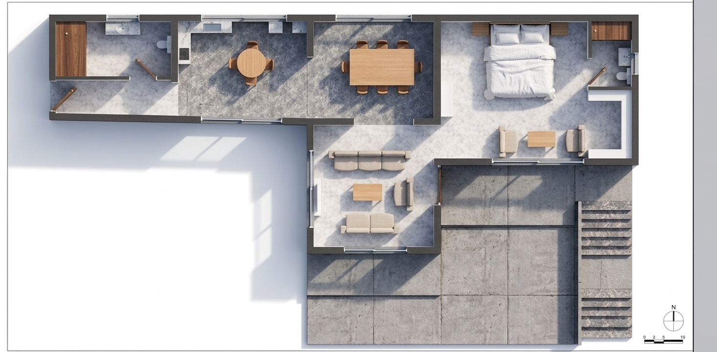 A top-down architectural photograph of the entire floor plan layout illuminated by bright, clear midday spring sunlight casting crisp, soft-edged shadows. The scene retains the exact floor plan geometry, presenting realistic physical materials: polished marble and granite flooring with delicate veining and subtle specular reflections, smooth matte-painted walls with micro-textures, upholstered fabric furniture, rich wooden doors, and clean porcelain fixtures. The natural 5500K daylight streams in from openings, creating subtle directional ambient occlusion in corners, realistic surface depth, faint lens vignetting, and crisp, lifelike clarity across every room and outdoor terrace section.