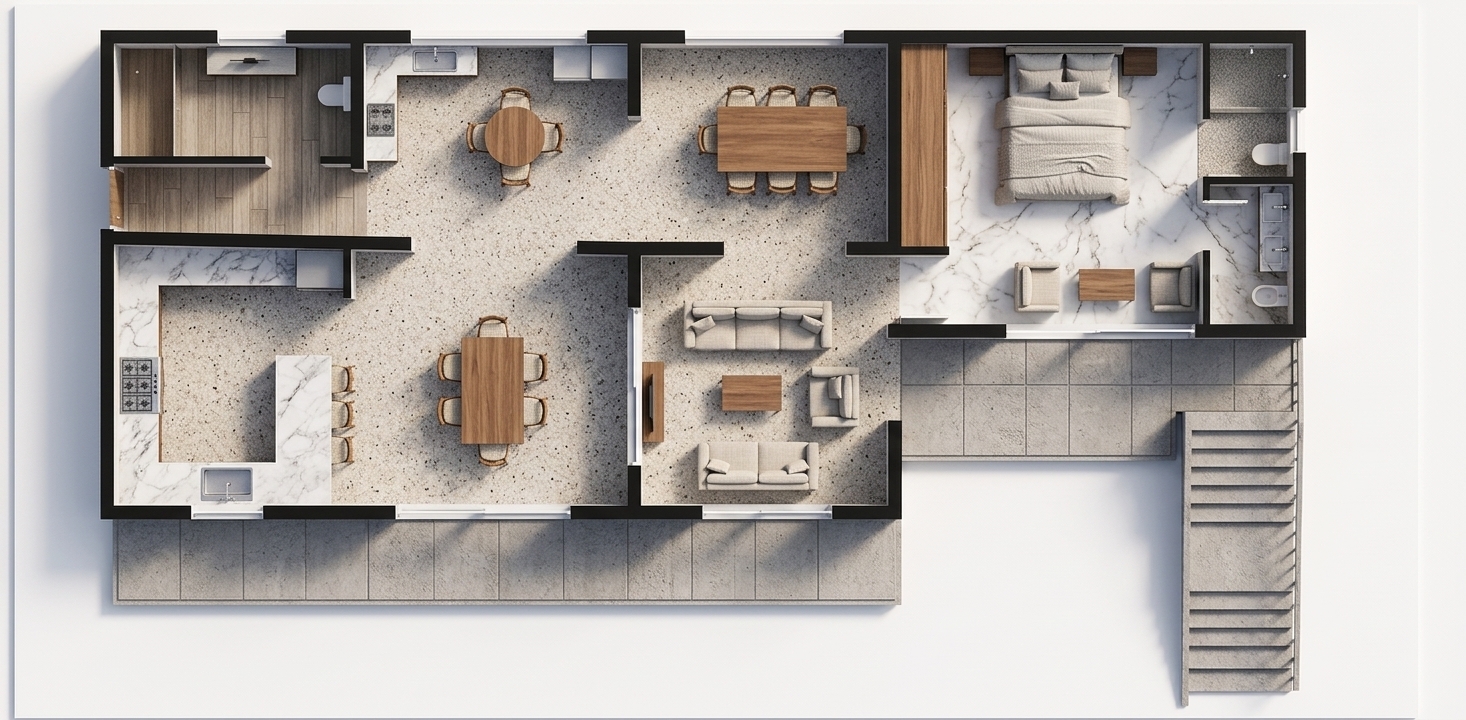 A high-resolution top-down architectural photograph of the complete floor plan layout under crisp, bright spring midday natural light. Maintain the exact orthographic angle, wall geometry, room partitions, and furniture placement visible in the plan. The mottled stone tile floors exhibit realistic surface sheen and subtle specularity, with natural fabric textures on the sofas, armchairs, and bedding. Clean, directional midday sunlight enters through window openings, creating soft ambient occlusion along the interior wall bases and casting faint, realistic contact shadows beneath the furniture. The architectural walls have a solid matte black finish with crisp edges, while subtle photographic depth, micro-textures on surfaces, and natural color balance give the schematic layout the tactile realism of a physical architectural model shoot.