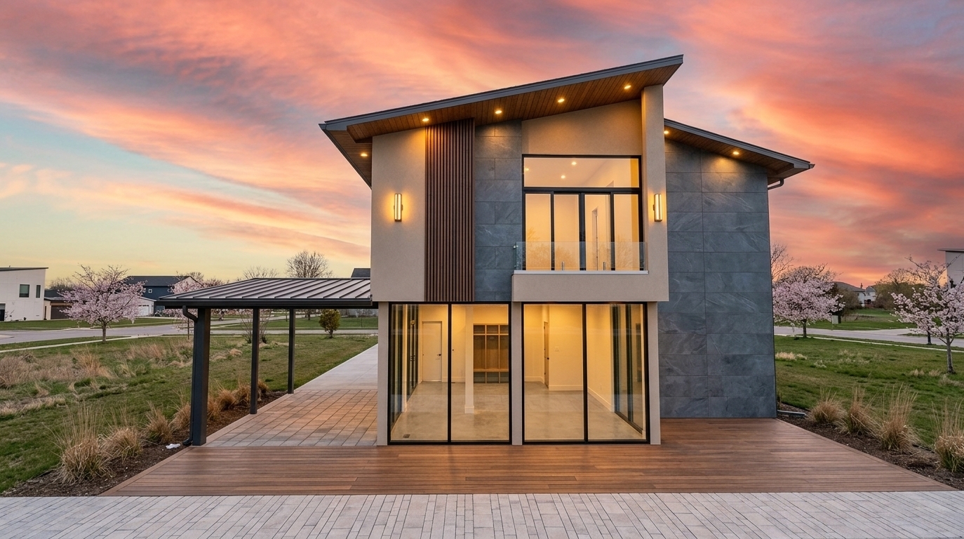 An incredibly lifelike, richly detailed, photorealistic eye-level architectural shot of a contemporary two-story mixed-use minimalist haven set in an open suburban landscape during a vibrant spring sunset. The scene is illuminated by the soft, warm golden hour sun filtering through a dramatic sky, perfectly balanced by the cozy, golden glow radiating from sleek exterior wall sconces, recessed timber-soffit spotlights, and luminous interior lighting, creating a warm, sophisticated, and tranquil atmosphere. Captured with a professional 24mm tilt-shift lens on a full-frame camera, emphasizing the crisp geometric silhouettes, tactile vertical wood slat siding, textured slate-gray panels, and smooth light stucco finishes. The lower level operates as a refined commercial storefront wrapped in expansive floor-to-ceiling glass screens that reveal polished flooring and a functional, organized mudroom transition area inside, while the upper-level residential apartment features an elegant recessed balcony framed by dark-trimmed glazing that softly reflects the sunset. To the left, a streamlined carport canopy rests on slender steel posts, casting gentle linear shadows across the paved driveway and blending seamlessly with the clean lines of this modern architectural gem.