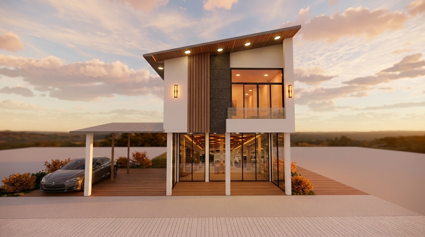 An incredibly lifelike, richly detailed, photorealistic eye-level architectural shot of a contemporary mixed-use two-story minimalist building set in a serene autumn landscape during the golden hour. The scene is illuminated by the low, radiant glow of the setting sun blended with warm, inviting amber light spilling from sleek exterior wall sconces, recessed ceiling spotlights, and glowing interior spaces, creating an elegant and tranquil atmosphere. Captured with a professional tilt-shift architectural lens, emphasizing the crisp contrast between pure white stucco, rich vertical natural wood slats, and tactile dark stone accent panels. The ground level functions as a chic commercial venue enclosed in pristine, transparent floor-to-ceiling glass display partitions, while the covered carport to the left stylishly shelters a modern luxury car beneath its sleek red-toned overhang. Upstairs, a private residential apartment boasts expansive glass windows that reflect the soft dusk sky, complemented by a warm-toned timber soffit under the dramatic sloped roofline, all framed by a clean concrete apron and subtle autumnal warmth in the surrounding environment.