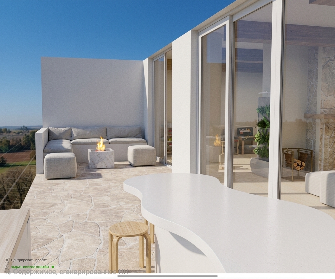 A bright, wide-angle architectural photograph of this modern outdoor terrace bathed in direct midday summer sunlight. The scene precisely retains its existing layout, geometry, and perspective, highlighting the textured beige flagstone paving with natural stone grain and crisp, short overhead shadows. The off-white stucco walls, curved foreground counter, and light wood stool exhibit realistic matte surfaces and tactile micro-textures. Large glass sliding doors reveal subtle outdoor reflections while transparently showcasing the indoor vertical garden and room interior with natural dynamic range under a clear, vibrant blue summer sky.