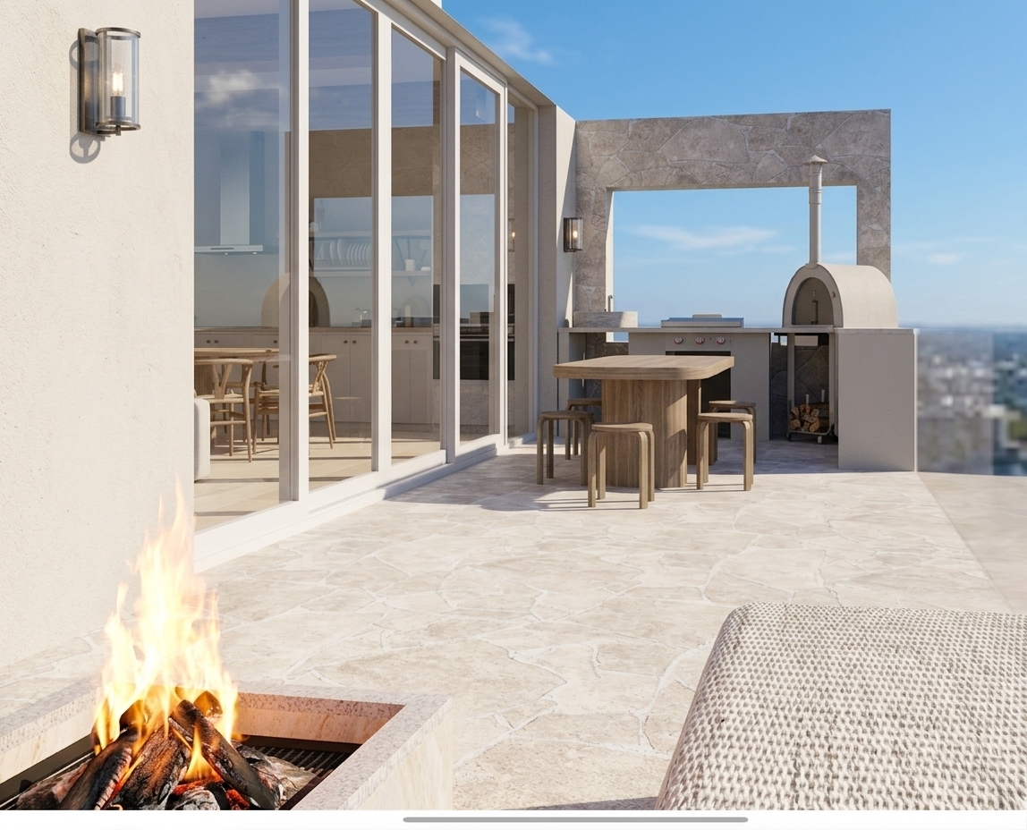 A crisp architectural photograph of the modern outdoor terrace bathed in intense midday summer sunlight under a clear azure sky. The exact layout and geometry are preserved, showcasing natural travertine crazy-paving stone with realistic micro-textures, smooth white stucco walls, and clean floor-to-ceiling glass doors with natural interior reflections. The foreground stone fire pit features authentic glowing embers and dynamic, photorealistic flames, while the outdoor kitchen with its pizza oven and the central dining set catch sharp direct sunlight and soft ambient bounce. Shot on a wide-angle architectural lens with sharp focus, balanced dynamic range, realistic shadows, and subtle natural film grain.