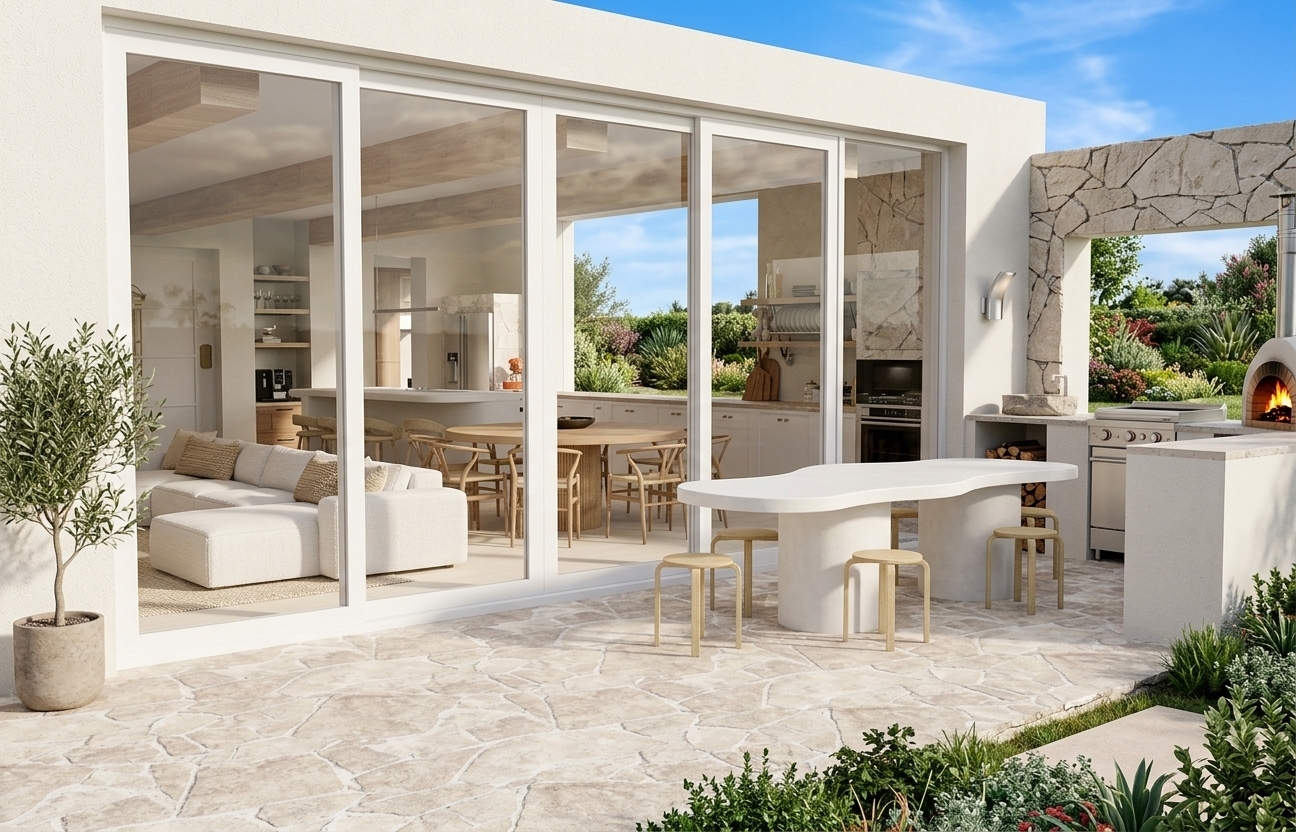 A bright, architectural photograph of the outdoor terrace and adjoining interior on a hot summer midday. Crisp, overhead sunlight casts defined shadows across the natural crazy-paving stone patio, illuminating the textured white stucco walls, the stone backsplash of the outdoor kitchen, and the smooth white dining table. The large glass sliding doors feature subtle, realistic reflections of the bright blue sky while revealing the detailed, sunlit indoor living and dining space with natural wooden ceiling beams and light fabric upholstery. The composition retains high-dynamic-range lighting, crisp focus across the scene, accurate material physics, and subtle photographic depth with clean lens characteristics.
