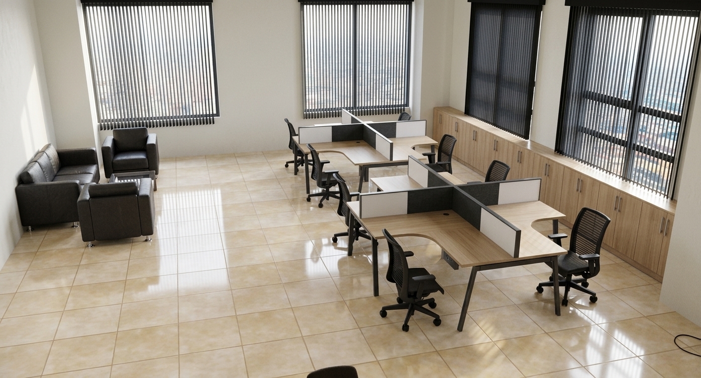 A high-resolution architectural interior photograph of the modern open-plan office illuminated by bright, warm midday summer sunlight. Natural daylight filters through the vertical window blinds, casting soft linear shadows across the polished beige ceramic floor tiles and clean walls. The modular workstation pods feature realistic light wood laminate desks, textured fabric privacy screens, and dark powder-coated metal legs, paired with black mesh ergonomic chairs and matte black upholstery on the waiting lounge sofas. Captured with a sharp wide-angle lens, balanced dynamic range, realistic specular reflections, and fine material micro-textures throughout the scene.
