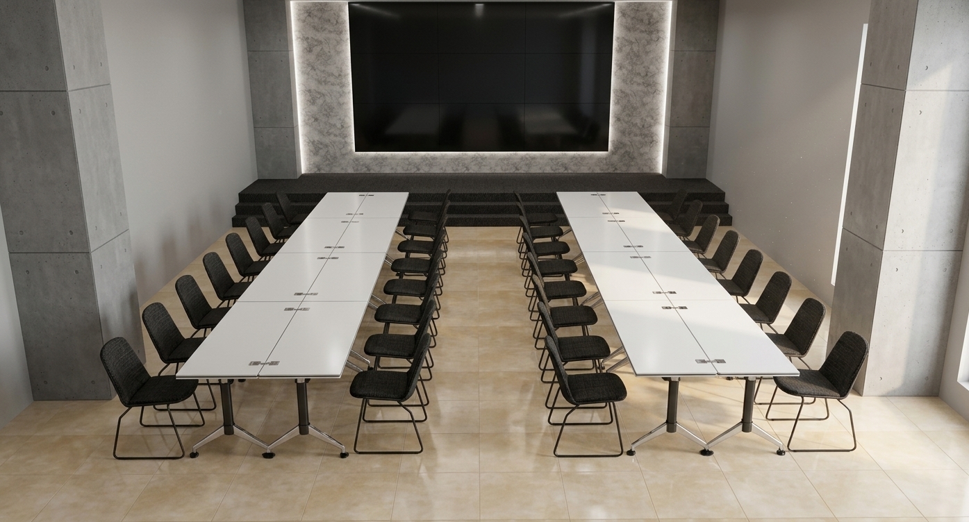 A wide-angle interior photograph of the conference room illuminated by bright, clear midday summer light, faithfully preserving the exact layout, geometry, and camera perspective. Diffused overhead daylight casts clean, soft contact shadows beneath the rows of matte white folding tables and textured gray fabric chairs with powder-coated black steel frames. The polished beige tiled floor exhibits realistic specular highlights and subtle grout lines, leading to the dark carpeted stage and textured stone feature wall framing the deep black presentation screen. Captured with a sharp architectural lens, exhibiting balanced exposure, rich surface micro-textures, and subtle, natural depth of field.