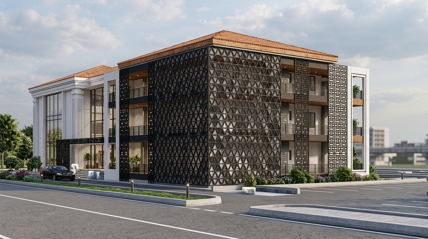 An incredibly lifelike, richly detailed, photorealistic three-quarter exterior perspective of a multi-story mid-century modern commercial building set in a sunlit urban business plaza. The scene is illuminated by crisp, natural daylight casting intricate, sharp shadows through decorative laser-cut metal brise-soleil screens, creating an inviting, dynamic atmosphere. Captured with a professional 24mm architectural tilt-shift lens, emphasizing the tactile contrasts between smooth concrete panels, warm terracotta roof tiles, and dark bronze structural framing. Intricately patterned geometric triangle screens envelop the facade corners, shading spacious private balconies with clean horizontal railings. Through large glass curtain walls and patio openings, glimpse sleek, curated office suites styled with retro teak and walnut finishes, muted earth-toned decor, and lush indoor greenery, while pristine asphalt driveways and clean concrete curbs anchor the structure seamlessly in the foreground.