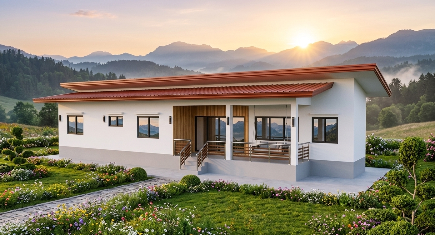 An incredibly lifelike, richly detailed, photorealistic wide-angle exterior view of a contemporary single-story mountain escape set in a vibrant, blooming springtime garden. The scene is illuminated by the warm, golden glow of an early morning sunrise cresting over distant, misty mountain peaks, creating a tranquil and rejuvenating atmosphere. Captured with a professional 35mm architectural lens, emphasizing the rich texture of the multi-tiered terracotta-red roof, the pristine white stucco facade, the smooth concrete foundation, and the vertical natural wood paneling accenting the entryway. A stylish elevated porch with polished metal and wood balustrades leads gracefully down via short steps into an enchanting landscape alive with colorful wildflowers, lush green lawn, and sculpted ornamental shrubs, while dark-framed panoramic windows and sliding glass doors reflect the pastel morning sky and rugged alpine backdrop with crystal clarity.