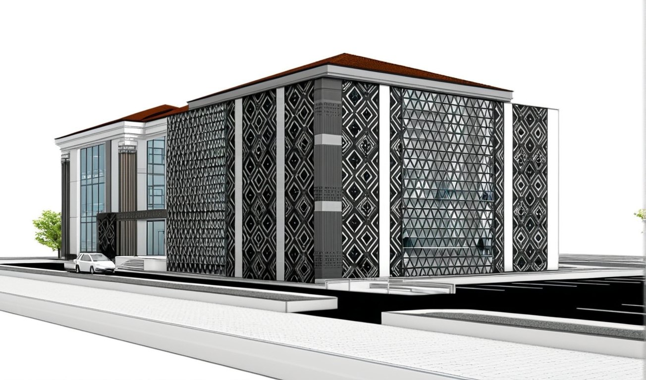 An incredibly lifelike, richly detailed, photorealistic exterior perspective shot of a contemporary corporate headquarters set in an upscale urban landscape. The scene is illuminated by bright, clear afternoon sunlight that casts striking, high-contrast geometric shadows across the facade, creating an inviting and dynamic atmosphere. Captured with a professional 35mm architectural tilt-shift lens, emphasizing the intricate matte-black laser-cut geometric lattice screens, crisp white finished masonry, and rich terracotta roof tiles. The expansive glass curtain walls at the grand portico entrance offer clear views into mid-century modern styled office interiors, accented by rich walnut desks, warm ambient lighting, and thriving indoor plants. In the foreground, smooth paved walkways and freshly surfaced asphalt parking marked with vibrant yellow lines ground the structure, complemented by a parked yellow vehicle reflecting soft skylight.