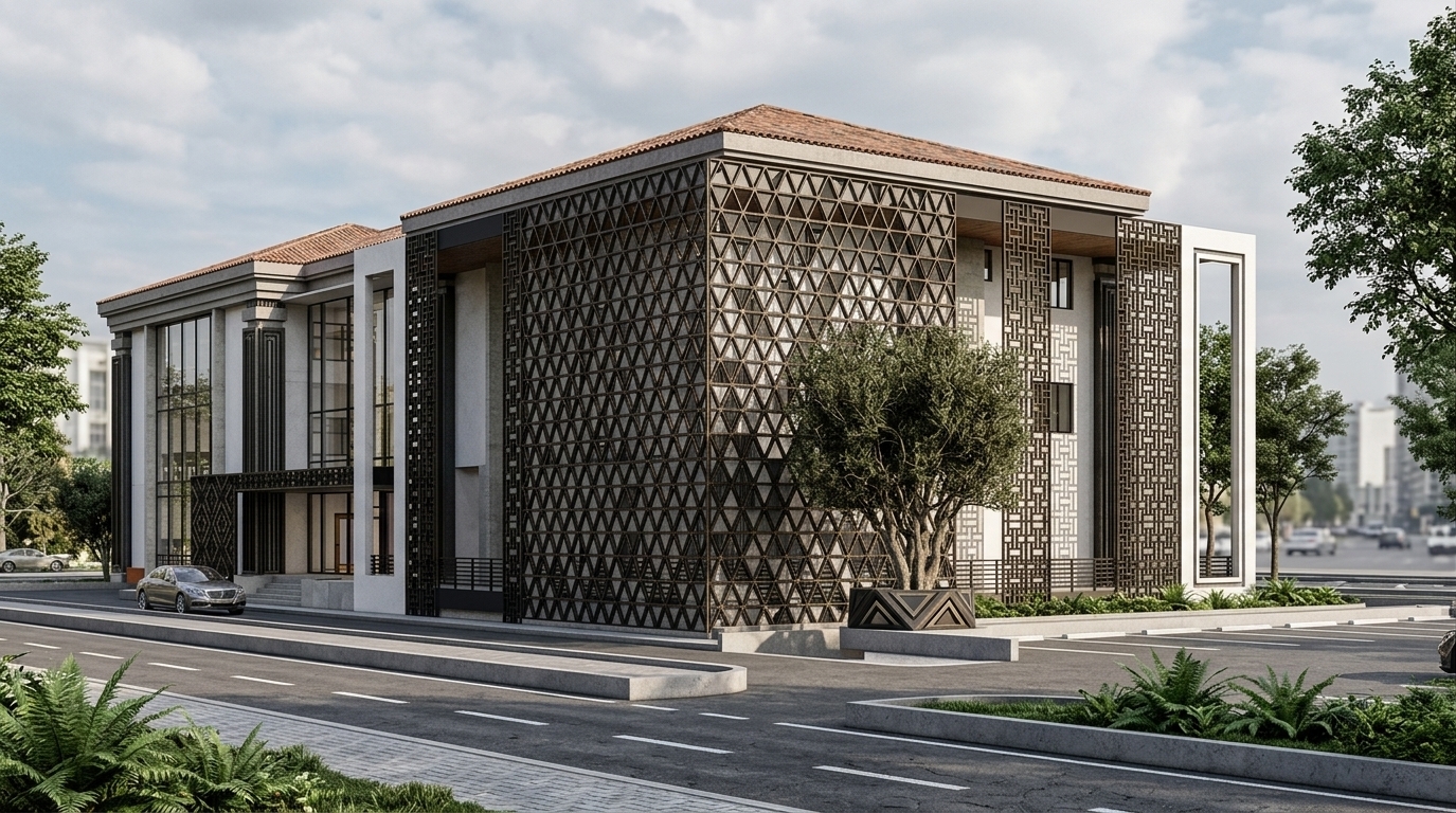An incredibly lifelike, richly detailed, photorealistic three-quarter exterior architectural shot of a contemporary mid-century modern inspired commercial building set in a crisp, landscaped urban environment. The scene is illuminated by bright, directional natural daylight that casts intricate, dynamic geometric shadows through the decorative dark-metal screens, creating a sleek and timeless atmosphere. Captured with a wide-angle architectural tilt-shift lens, emphasizing the rich contrast between the dark fretwork lattices, smooth warm off-white stucco, and the bold terracotta-orange hipped rooflines. Through the expansive floor-to-ceiling glass windows, glimpses of uncluttered, functional executive office spaces are visible, subtly accented with rich walnut and teak finishes, warm earth tones, abstract wall art, and lush indoor greenery, blending iconic mid-century elegance with modern architectural sophistication.