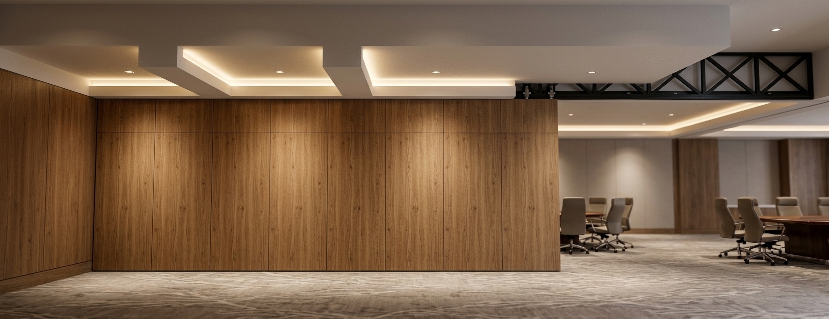 An incredibly lifelike, richly detailed, photorealistic high-angle interior shot of a sophisticated acoustic folding partition wall set in a modern fusion ballroom and executive meeting space. The scene is illuminated by warm, concealed architectural cove lighting and soft ambient ceiling downlights, creating a luxurious and professional atmosphere. Captured with a 24mm tilt-shift lens, emphasizing the fine, natural grain of the warm oak acoustic timber panels, the crisp geometry of the layered white ceiling soffits, and the industrial elegance of the exposed black steel overhead truss track. The seamlessly aligned operable panels offer flexible spatial division, beautifully contrasting organic wood textures with sleek modern structural elements to define a versatile, high-end hospitality environment.