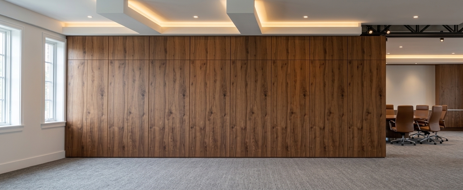 An incredibly lifelike, richly detailed, photorealistic wide-angle interior shot of an upscale executive meeting and lounge space set in a modern fusion corporate environment. The scene is illuminated by warm, indirect LED cove lighting tracing the geometric ceiling beams, beautifully balanced by soft natural daylight filtering through crisp white-framed windows set into a clean white wall on the left, creating an elegant, professional, and tranquil atmosphere. Captured with a wide-angle architectural tilt-shift lens, emphasizing the rich grain of the full-height natural walnut wood paneling, the soft tactile weave of the expansive patterned grey carpet, and the seamless transition into the adjoining conference room furnished with sleek ergonomic leather chairs.