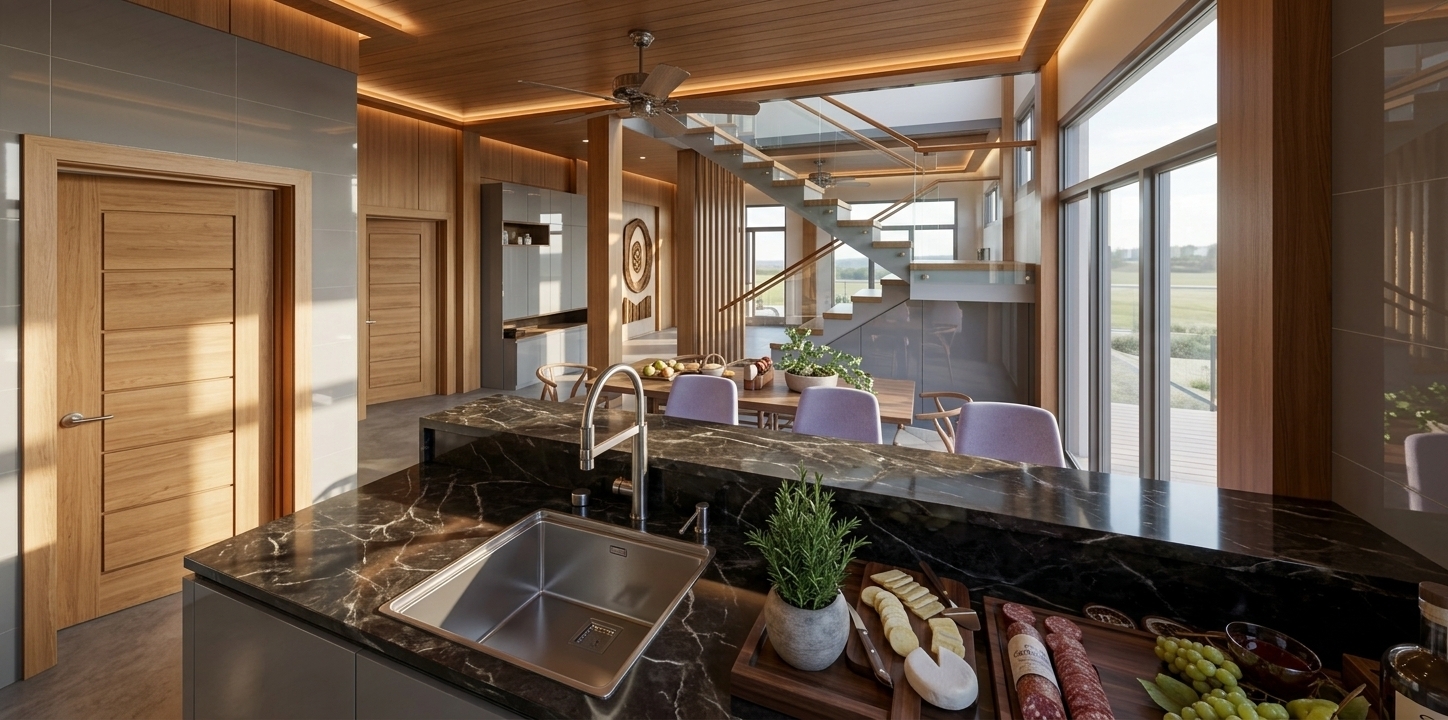 An incredibly lifelike, richly detailed, photorealistic eye-level interior shot of a modern open-concept kitchen and dining space set in a tranquil digital zen-inspired residence. The scene is illuminated by soft ambient cove lighting embedded along rich wooden-finish ceilings, harmoniously balanced by bright, natural sunlight pouring through expansive clear glass windows, creating a warm, peaceful, and luxurious atmosphere. Captured with a professional 24mm architectural wide-angle lens, emphasizing the sleek contrast between the dark glossy marble countertops, an undermount stainless steel sink, and refined matte floor finishes. In the foreground, the island is styled with a fresh culinary display and a potted herb, overlooking a welcoming dining arrangement with light violet chairs and a stunning open staircase featuring transparent glass railings topped with polished wooden handrails. Clean-lined glossy gray cabinetry, glossy tiled accent walls, and finely crafted wood paneling throughout the space enhance the room's serene architectural depth and sophisticated modern charm.