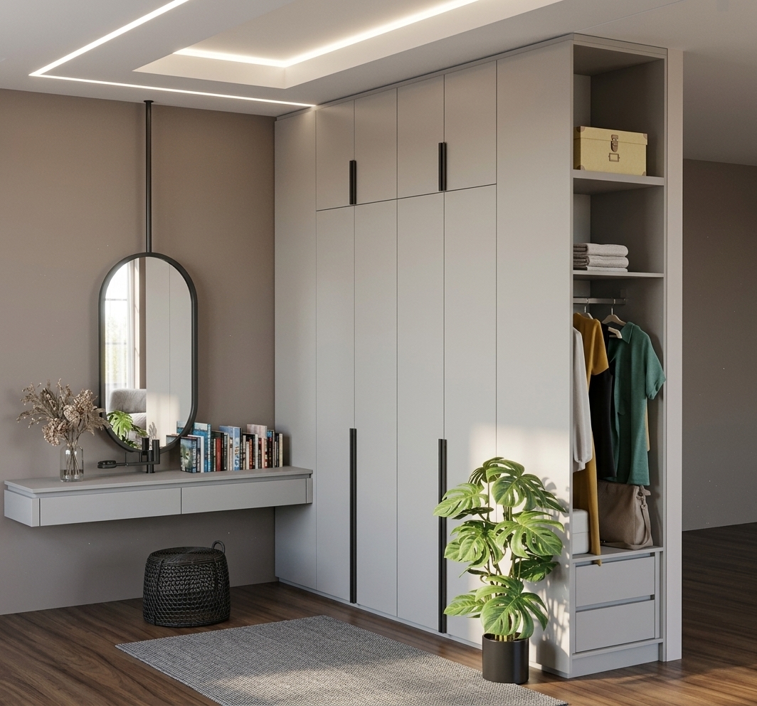 Architectural interior photograph of the exact modern dressing area, captured with a sharp 35mm lens under soft, warm ambient ceiling lighting. The tall matte light-gray wardrobe features smooth satin panel finishes, thin vertical black hardware, and an open side niche displaying realistic hanging fabric garments, folded linens, and storage boxes. A floating vanity counter holds detailed books, cosmetic bottles, and a dried floral vase beneath a black-framed pill-shaped mirror with clear, accurate reflections. A potted monstera plant with waxy green leaves rests beside the wardrobe over dark grain wood plank flooring, complemented by a low-pile gray rug and a black woven cylindrical stool against smooth taupe walls.