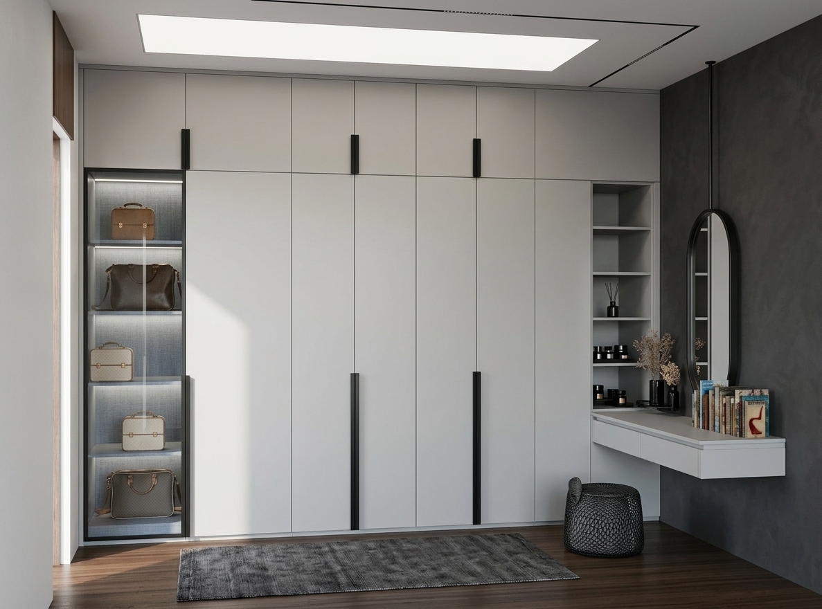 A photorealistic architectural interior photograph capturing the exact bedroom closet and vanity layout, featuring smooth matte off-white cabinetry with vertical black handles and a glass display cabinet softly illuminated with integrated interior LED lighting. Diffused warm light emanates from the recessed ceiling cove, casting subtle ambient glows and soft contact shadows across the dark timber floor and low-pile grey rug. The floating vanity desk displays realistically detailed books and decorative accessories beside an oval mirror in a matte black metal frame, paired with a textured woven black pouf below. Shot on a 35mm lens with balanced natural lighting, crisp micro-textures, and realistic specular reflections on glass and laminate surfaces.