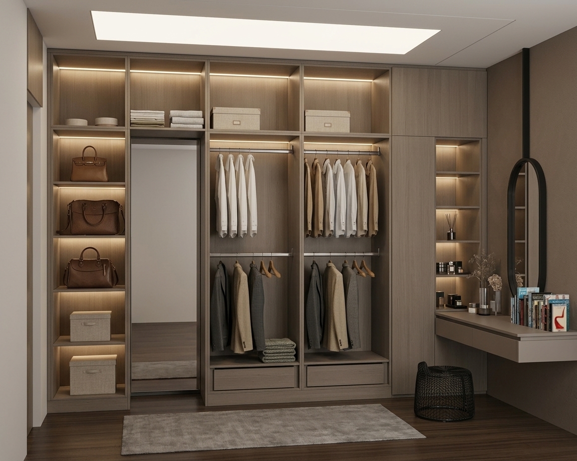 A photorealistic interior photograph of the modern walk-in closet and vanity area, strictly preserving the original geometry, objects, and straight-on perspective. The built-in wardrobe is rendered with realistic matte taupe wood-laminate textures, illuminated by soft recessed ceiling lighting and warm, diffused internal LED strips. The hanging suits, shirts, and jackets display natural fabric folds and fine woven textures, while the open shelves showcase realistic leather designer handbags and storage boxes. To the right, the floating vanity desk features subtle reflections in the black-framed oval mirror, tangible glass fragrance bottles, detailed book bindings, and a textured metal wire ottoman, all resting on a clean dark hardwood floor with a soft rectangular rug and natural contact shadows.