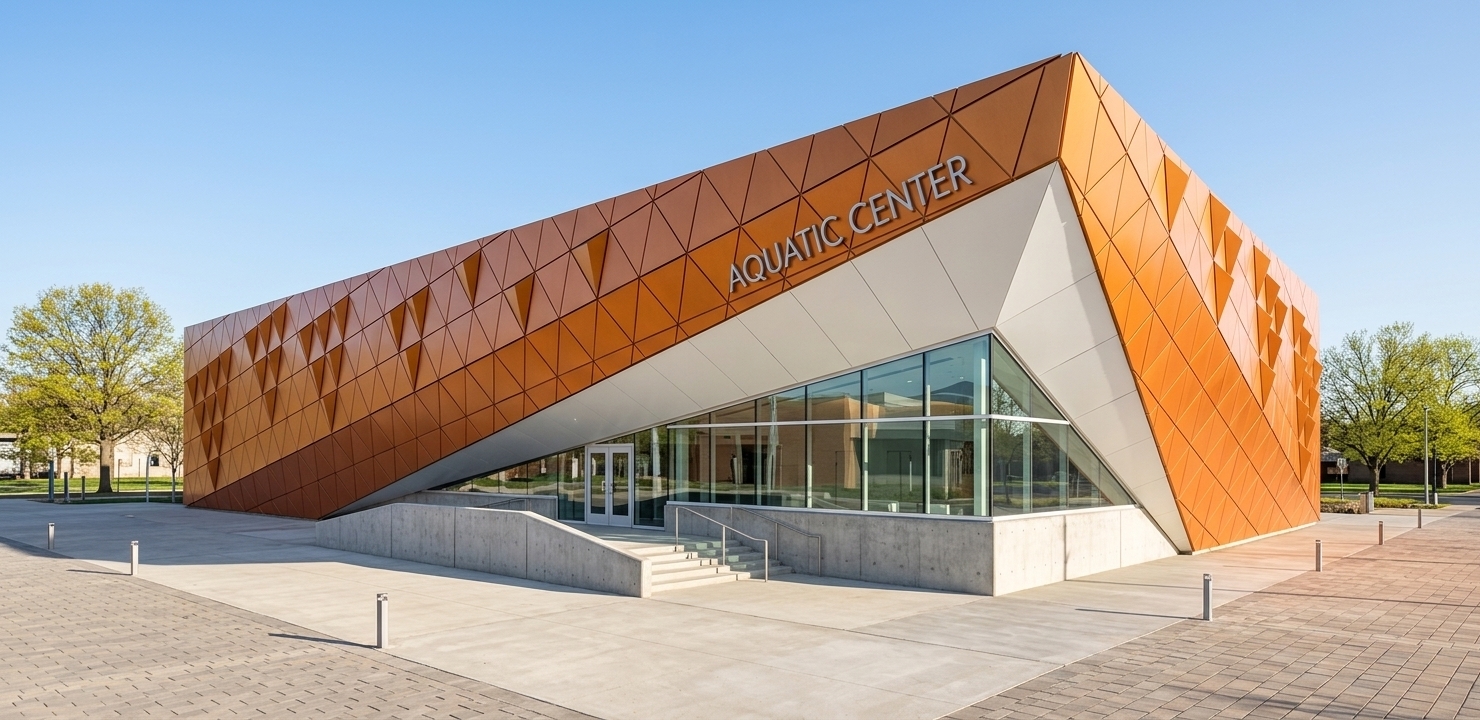 An incredibly lifelike, richly detailed, photorealistic wide-angle exterior architectural shot of a contemporary aquatic center set in a clean, sophisticated civic plaza on a clear spring midday. The scene is illuminated by radiant, natural midday sunlight and soft ambient sky bounce, creating an inviting, sleek, and vibrant public atmosphere. Captured with a professional tilt-shift architectural camera, emphasizing the warm, brushed orange metallic finish of the diamond-tessellated facade panels, the pristine angular origami-style folds of the cantilevered roofline, and the smooth, crystal-clear glass curtain wall nestled into the recessed entrance. Crisp, dimensional typography reading "AQUATIC CENTER" is seamlessly integrated across the upper metallic envelope, while precise, natural shadows define the sculpted geometry and reveal the smooth texture of the concrete access ramp and polished plaza base beneath the dynamic orange overhang.