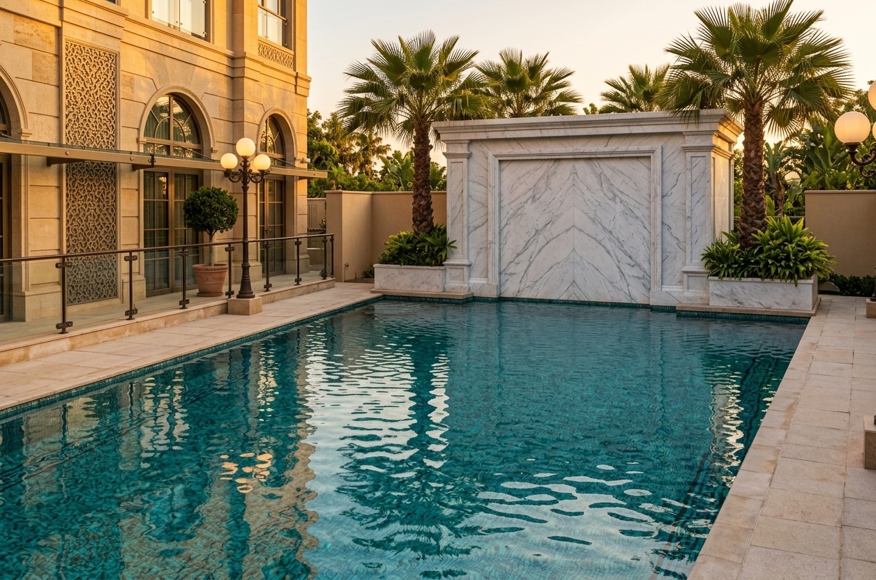 An incredibly lifelike, richly detailed, photorealistic wide-angle landscape photo of an outdoor pool area set in an opulent neoclassical estate courtyard. The scene is illuminated by the warm, radiant glow of a golden-hour sunset complemented by spherical vintage-style lampposts, creating a serene, elegant, and luxurious atmosphere. Captured with a professional full-frame camera and a 24mm architectural lens, emphasizing the shimmering turquoise ripples over intricate mosaic pool tiles, the smooth, veined white marble of the monumental water feature, the carved sandstone facade with arched windows, and the vibrant, lush greenery of towering palm trees.