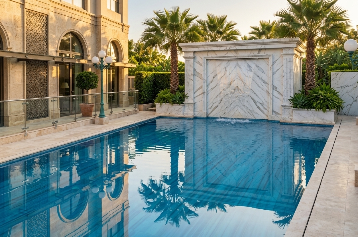 An incredibly lifelike, richly detailed, photorealistic landscape shot of a luxurious outdoor pool area set in an opulent, neoclassical-inspired villa estate. The scene is illuminated by the warm, golden glow of the late afternoon sun filtering through towering palm trees, creating an elegant, serene, and sophisticated atmosphere. Captured with a high-resolution full-frame camera and a 24mm wide-angle architectural lens, emphasizing the dynamic, striated reflections across the azure water, the pristine veined texture of the grand white marble waterfall feature, smooth light-stone pavers, and the vibrant lush greenery framing the sleek, modern-fusion terrace.