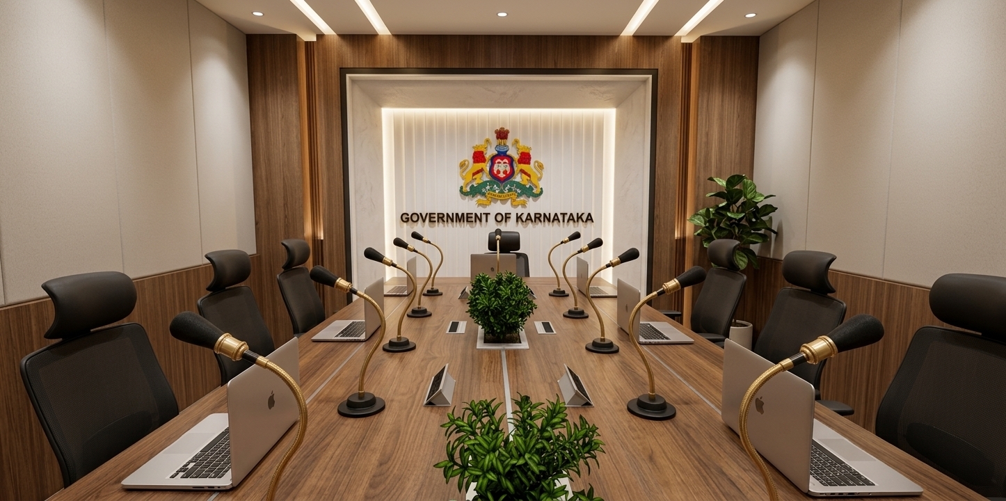 A photorealistic architectural photograph of this government boardroom, preserving the exact geometry, camera angle, and layout. The space is illuminated by warm, layered artificial lighting with soft recessed cove lights illuminating the fluted backdrop and emblem. Materials feature authentic physical textures, including rich wood grain on the conference table, matte black ergonomic chairs, brushed metal gooseneck microphones, realistic laptop finishes, and vibrant desk foliage. Shot on a wide-angle architectural lens with accurate depth of field, natural warm color temperature, and soft shadow falloff.
