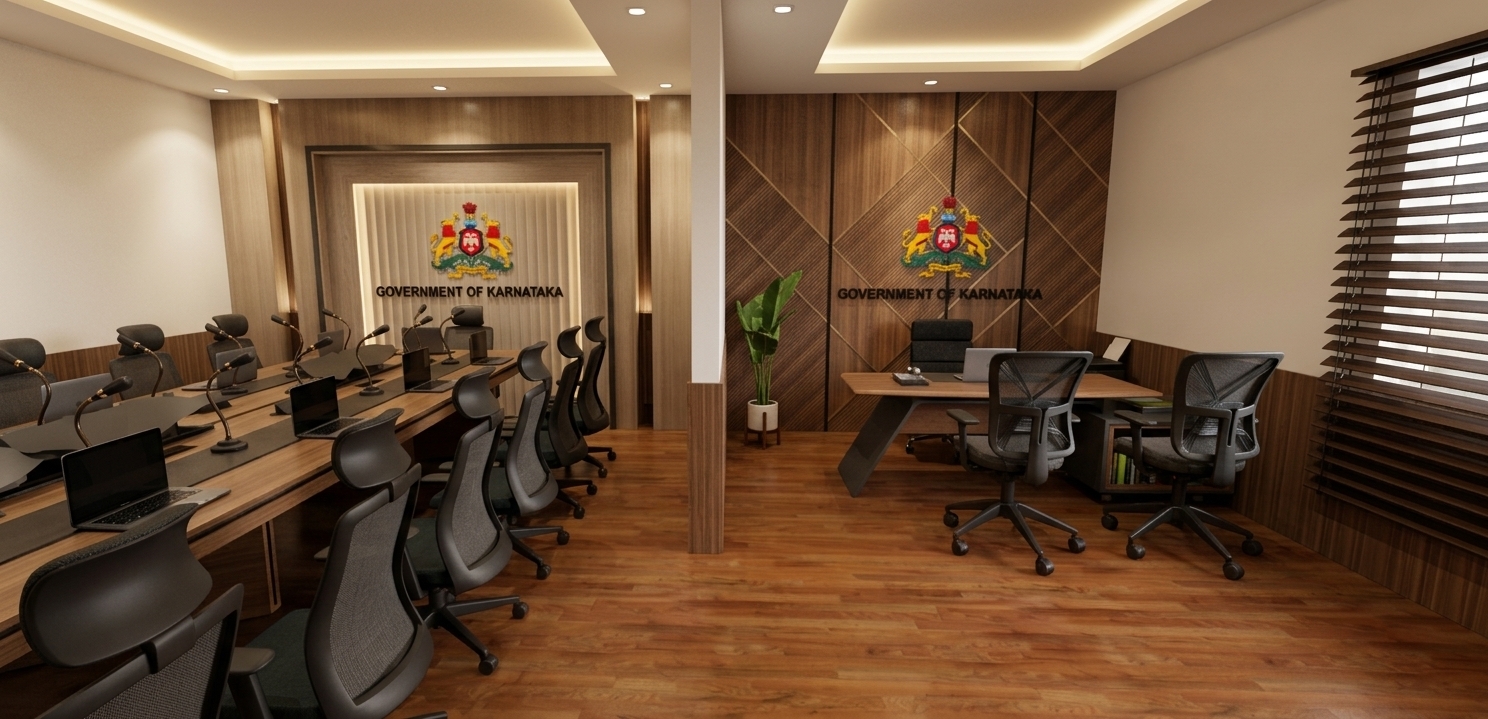 A high-end architectural photograph of the modern corporate office interior, captured with a sharp wide-angle lens under warm 3000K artificial lighting. The scene features authentic material physics, showcasing fine grain on the wooden conference and executive desks, realistic matte mesh on the ergonomic office chairs, and a delicate backlit glow accenting the wooden wall paneling with the Government of Karnataka emblem. Soft, diffused warm cove lighting pairs with gentle daylight filtering through the dark blinds on the right, casting natural shadows across the rich hardwood floor, with subtle ambient reflections on laptop screens, lifelike indoor plant textures, and crisp, balanced depth of field.