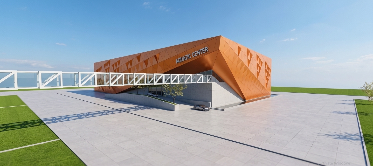 An incredibly lifelike, richly detailed, photorealistic wide-angle exterior view of a state-of-the-art aquatic center set in a sunlit coastal civic landscape during a fresh spring midday. The scene is illuminated by bright, natural midday sunlight softened by a gentle coastal breeze, creating a welcoming, sophisticated, and dynamic atmosphere with realistic, sharp-edged shadows. Captured with a professional 24mm tilt-shift architectural lens, emphasizing the sculptural geometric form and the refined interplay between matte and reflective surfaces. The prominent upper envelope is clad in premium, smooth orange metallic panels configured in a faceted diamond relief, subtly catching the radiant sky with warm, satin reflections, perfectly framing the bold, polished lettering of the "AQUATIC CENTER" signage. Spanning across the composition, the enclosed pedestrian skybridge is articulated with ultra-clear low-iron glass and pristine white structural steel trusses, casting clean lattice shadows onto the wide, smoothly paved plaza below. At the ground level, the sharply angled soffit transitions into sleek architectural concrete surfaces around the vehicular drop-off and recessed glass entryways, complemented by parked luxury cars showing crisp specular reflections, delicate sapling foliage, and neatly manicured vibrant green lawns stretching along the perimeter.
